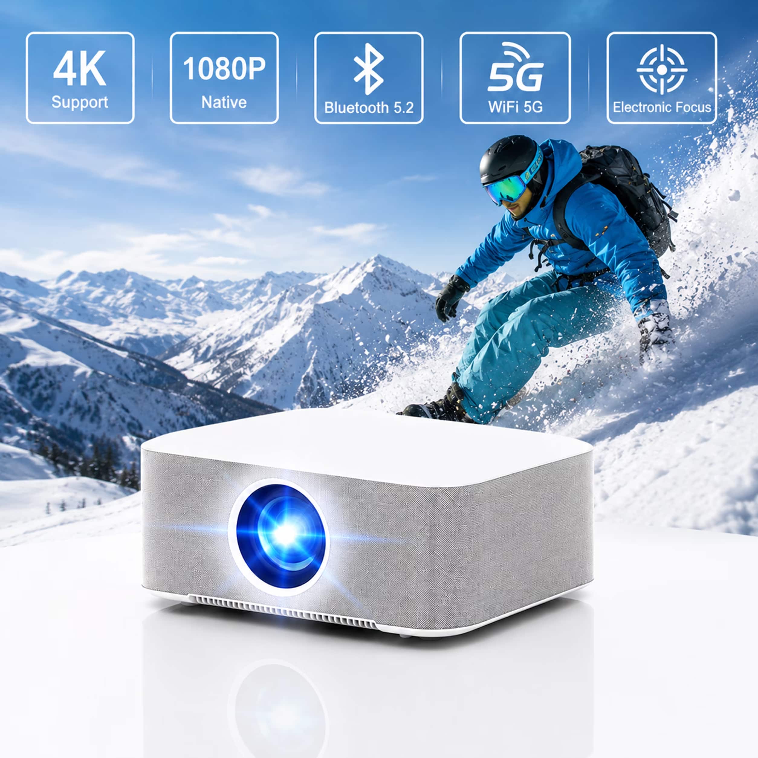 TOPVISION - Native 1080P Projector WiFi Bluetooth Electric Focus Auto Keystone Portable Home Theater