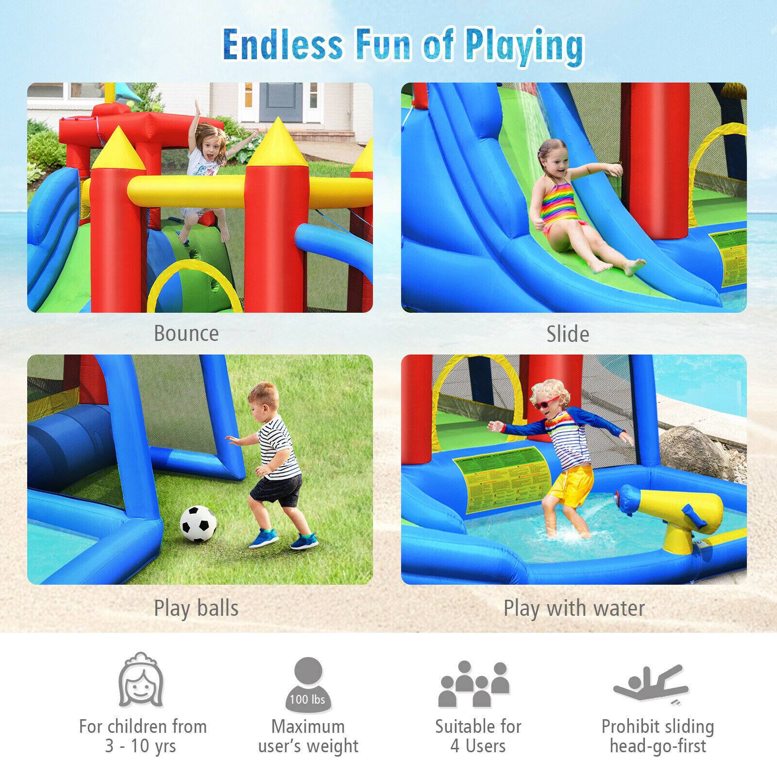 Endless Fun of Playing

- Bounce
- Slide
- Play balls
- Play with water

For children from 3-10 yrs

Maximum user's weight: 100 lbs

Suitable for 4 Users

Prohibit sliding head-go-first