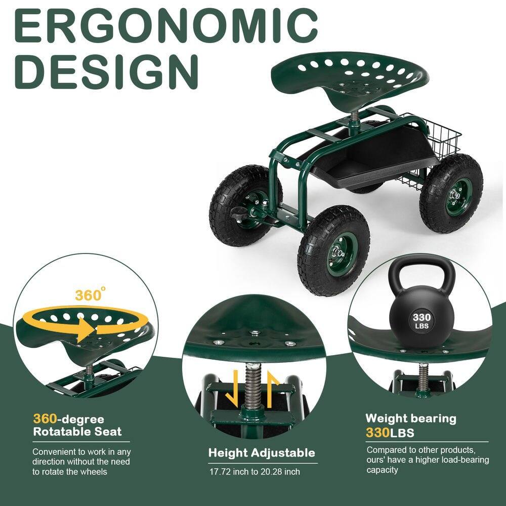ERGONOMIC DESIGN

360-degree Rotatable Seat  
Convenient to work in any direction without the need to rotate the wheels

Height Adjustable  
17.72 inch to 20.28 inch

Weight bearing  
330LBS  
Compared to other products, ours have a higher load-bearing capacity