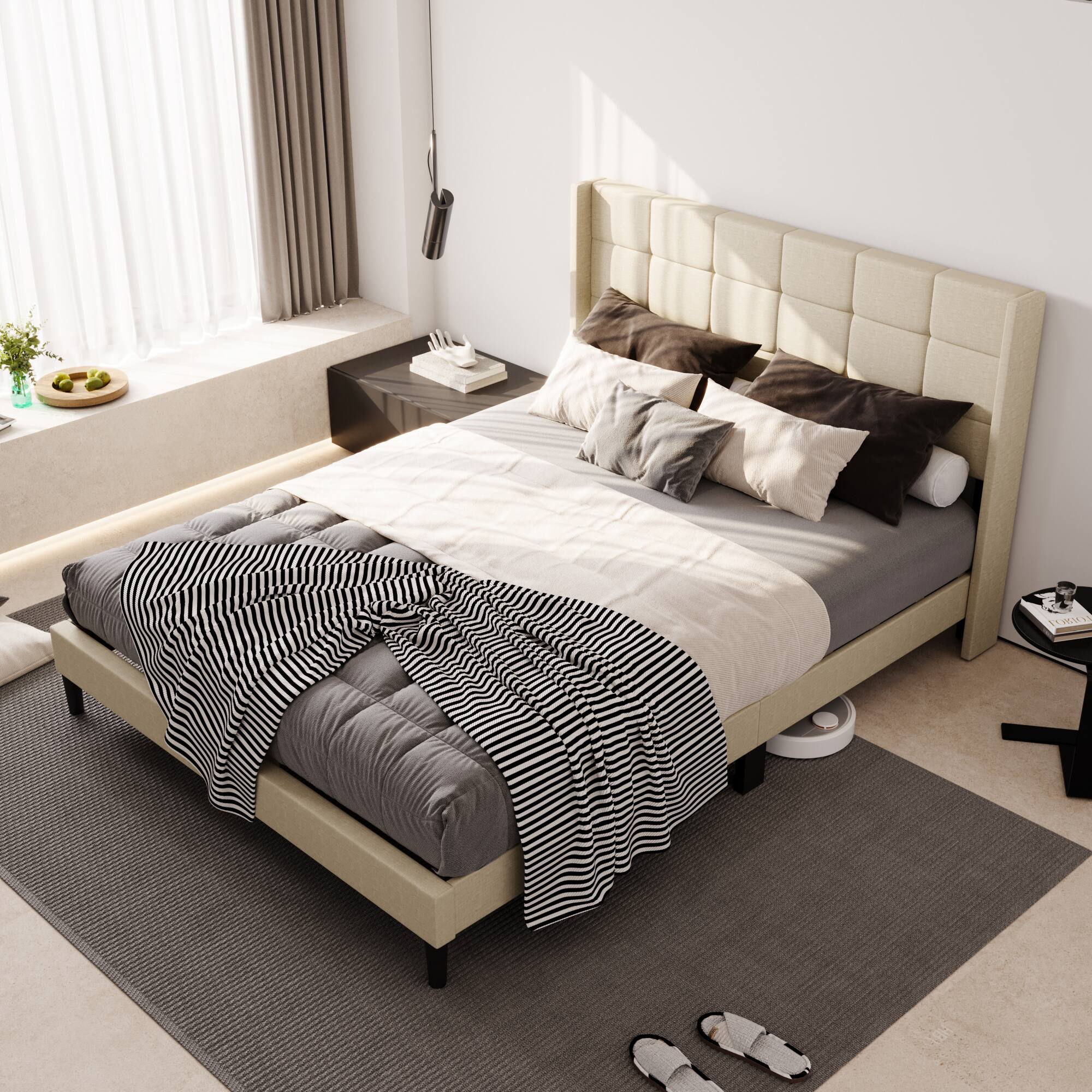 Alt View 1. Famapy - Famapy Upholstered Bed Frame - Reinforced Slats, Thickened Pine Boards for Stable Support - White.