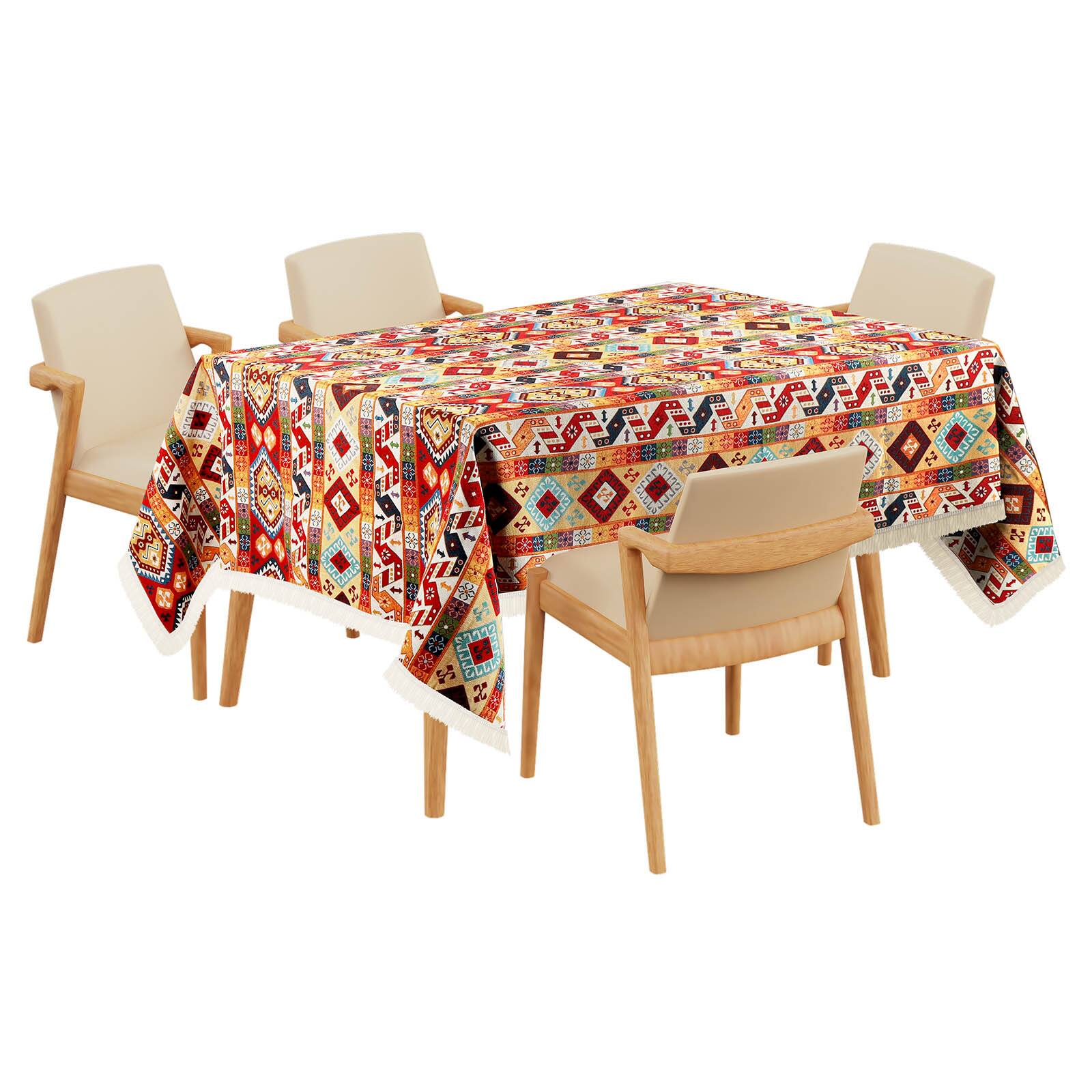 Angle. Oumilen - Boho Tribal Geometric Tablecloth with White Fringe Tassels – Rectangle for Farmhouse Party, 59x86.6in - Multicolor.