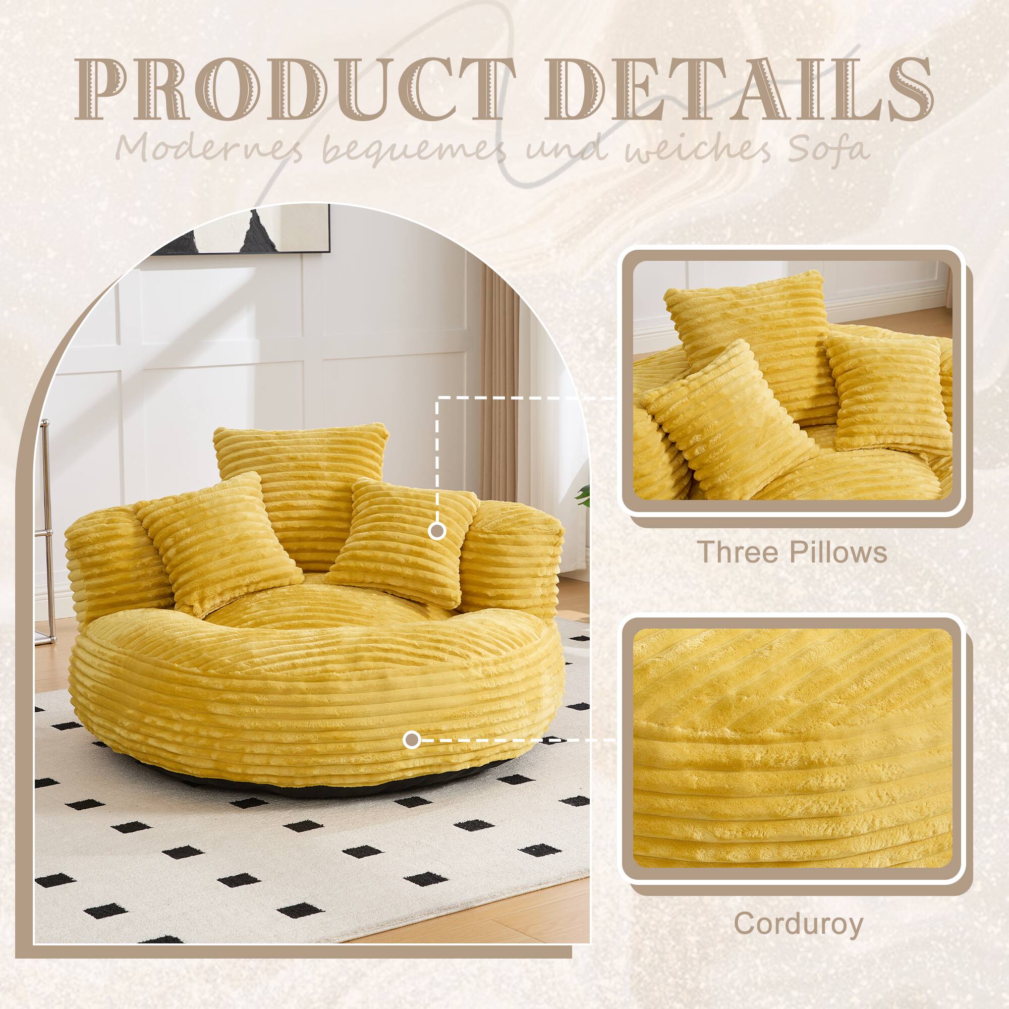 PRODUCT DETAILS  
Modernes bequemes und weiches Sofa  
Three Pillows  
Corduroy