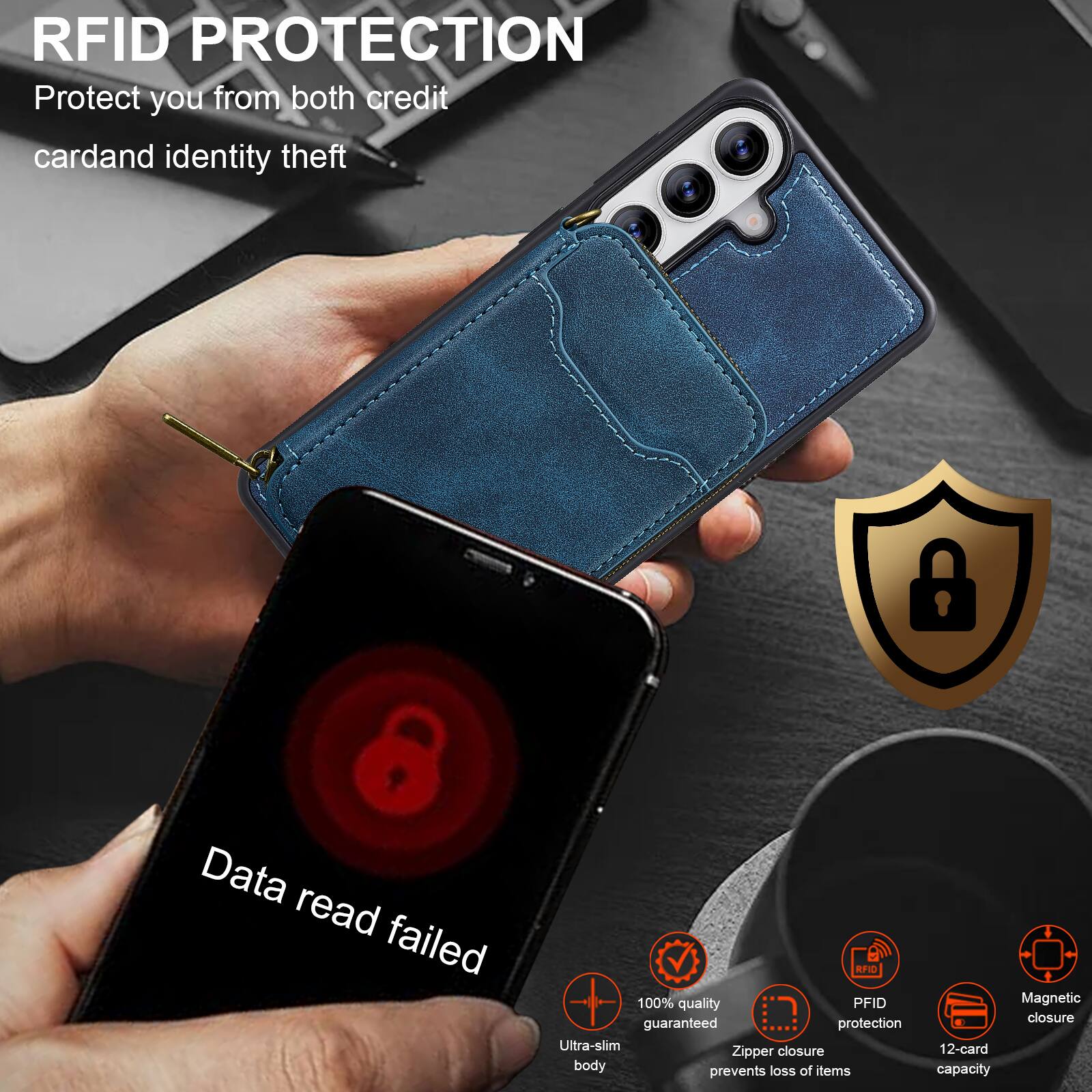 RFID PROTECTION  
Protect you from both credit card and identity theft  

Data read failed  

100% quality guaranteed protection  
Ultra-slim closure  
Zipper body prevents loss of items  
Magnetic closure  
12-card capacity  

RFID PROTECTION  
Protect you from both credit card and identity theft  

100% quality guaranteed  
RFID protection  
Zipper closure prevents loss of items  
Magnetic closure  
12-card capacity