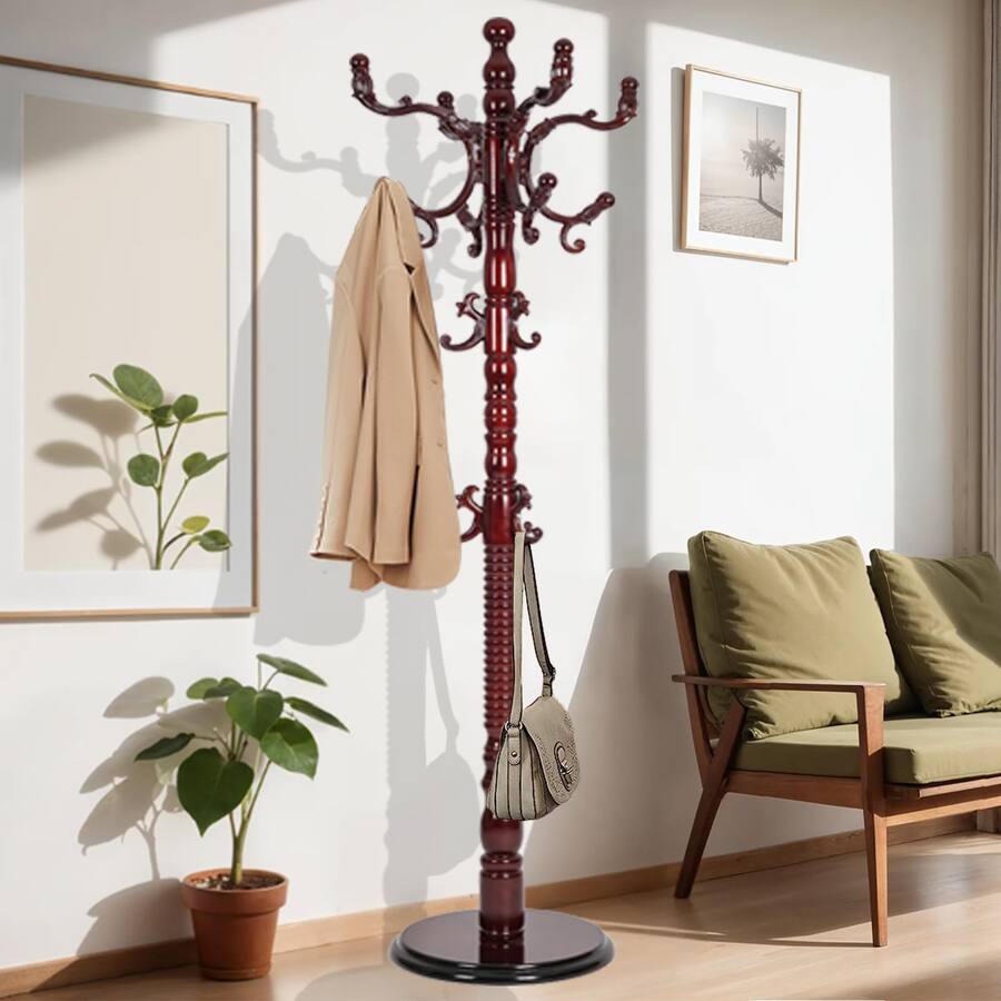 HM 1810 73 In Wood Coat Rack Freestanding With Stable Round Base ...