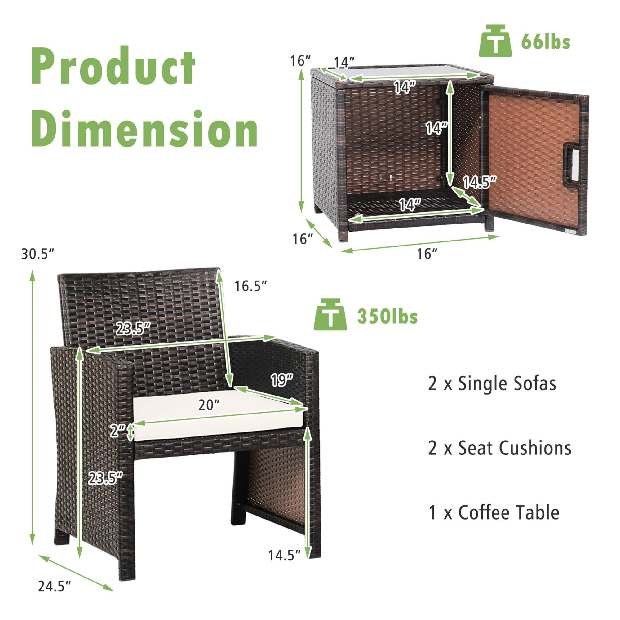 Product Dimension

16" 14" 14" 14" 14.5" 30.5" 16" 16" 16.5" 23.5" 2"t 20" 19" 2 X Single Sofas 2 X Seat Cushions 23.5" 1 X Coffee Table 14.5" 24.5"

T 66lbs T 350lbs