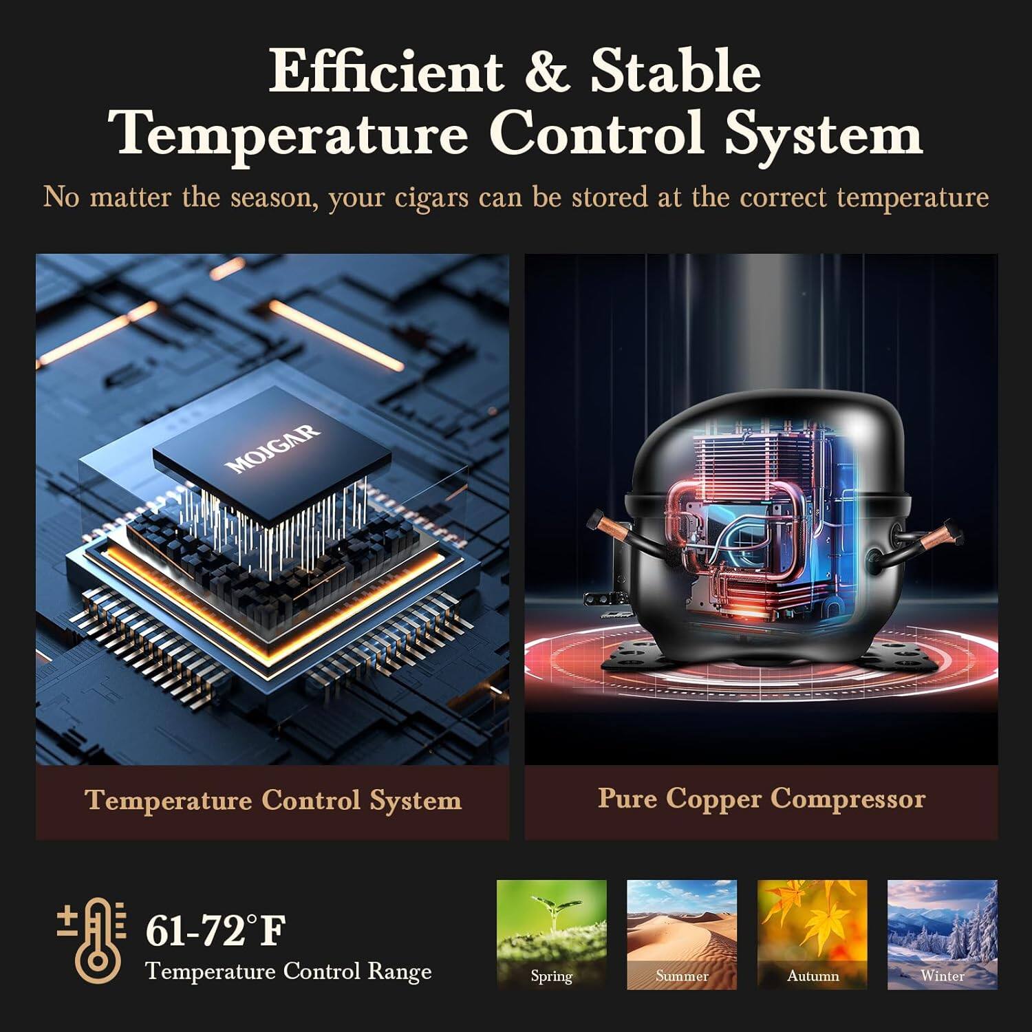 Efficient & Stable Temperature Control System

No matter the season, your cigars can be stored at the correct temperature

Temperature Control System

Pure Copper Compressor

61-72°F Temperature Control Range

Spring Summer Autumn Winter
