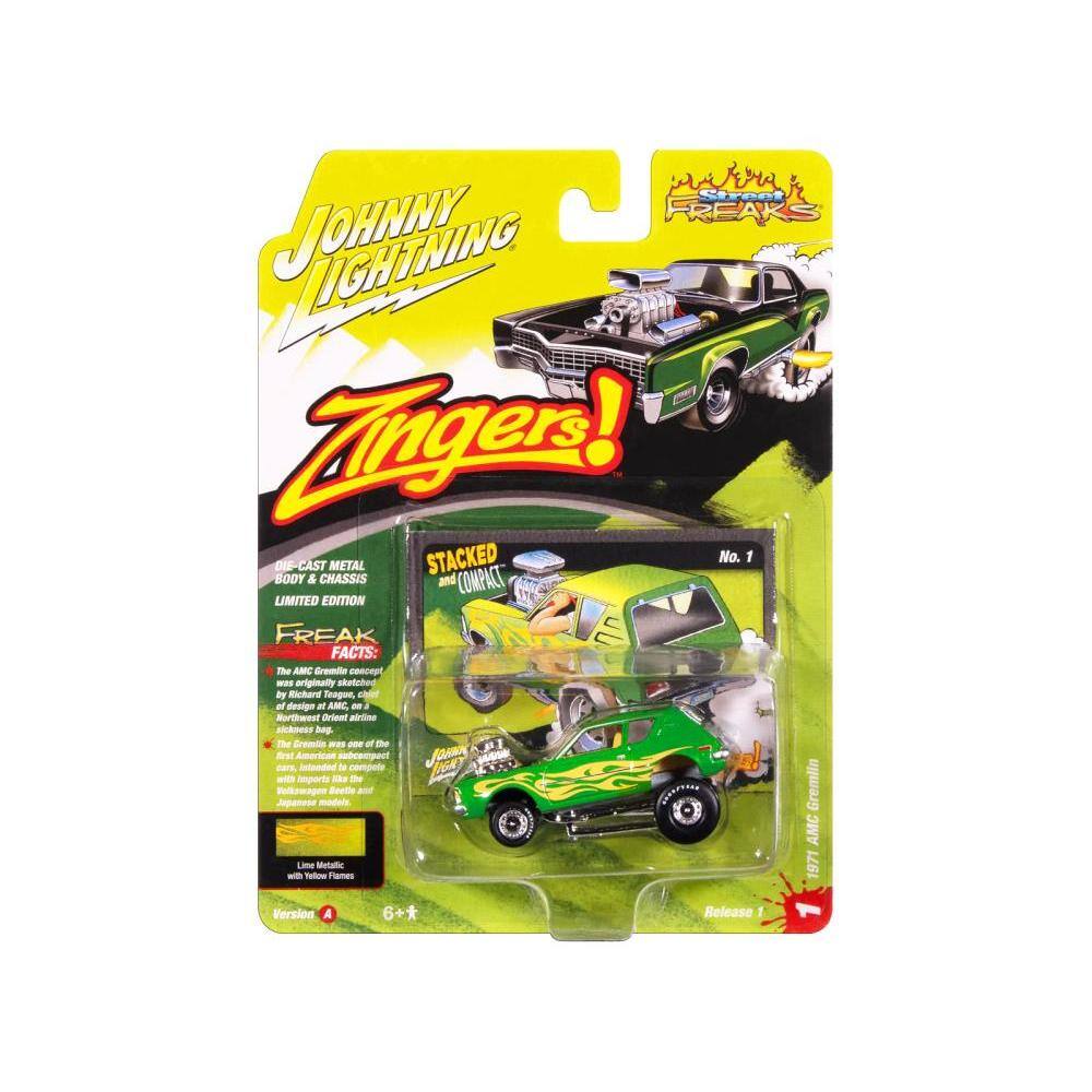 **JOHNNY LIGHTNING**

**Zingers!**

**STACKED No. 1**

**DIE CAST METAL BODY & CHASSIS**

**COMPACT LIMITED EDITION**

**FREAK FACTS:**

The AMC Gremlin concept was originally designed by Richard Teague, chief designer at AMC - Northwest Orient Airlines. The Gremlin was intended to compete with the Japanese Datsun B10 and Gremlin AMC with Lime Tallow Metallic Flames 1971 Version A 6+* Release 1

**FREAK FACTS:**

The AMC Gremlin concept was originally designed by Richard Teague, chief designer at AMC - Northwest Orient Airlines. The Gremlin was intended to compete with the Japanese Datsun B10 and Gremlin AMC with Lime Tallow Metallic Flames 1971 Version A 6+* Release 1

**Lime Tallow Metallic Flames**

**Version A**

**6+**