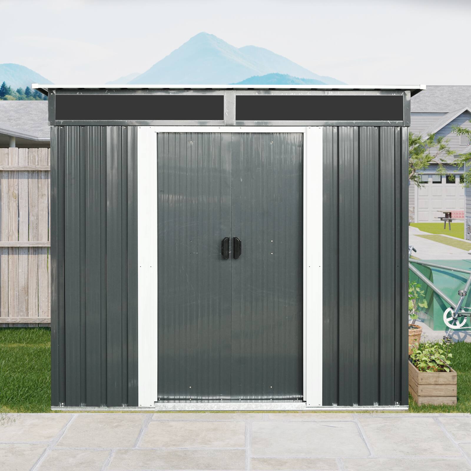 Left. Mondawe - 6ft x 5ft Outdoor Metal Storage with Transparent plate and Foundation - Black White.