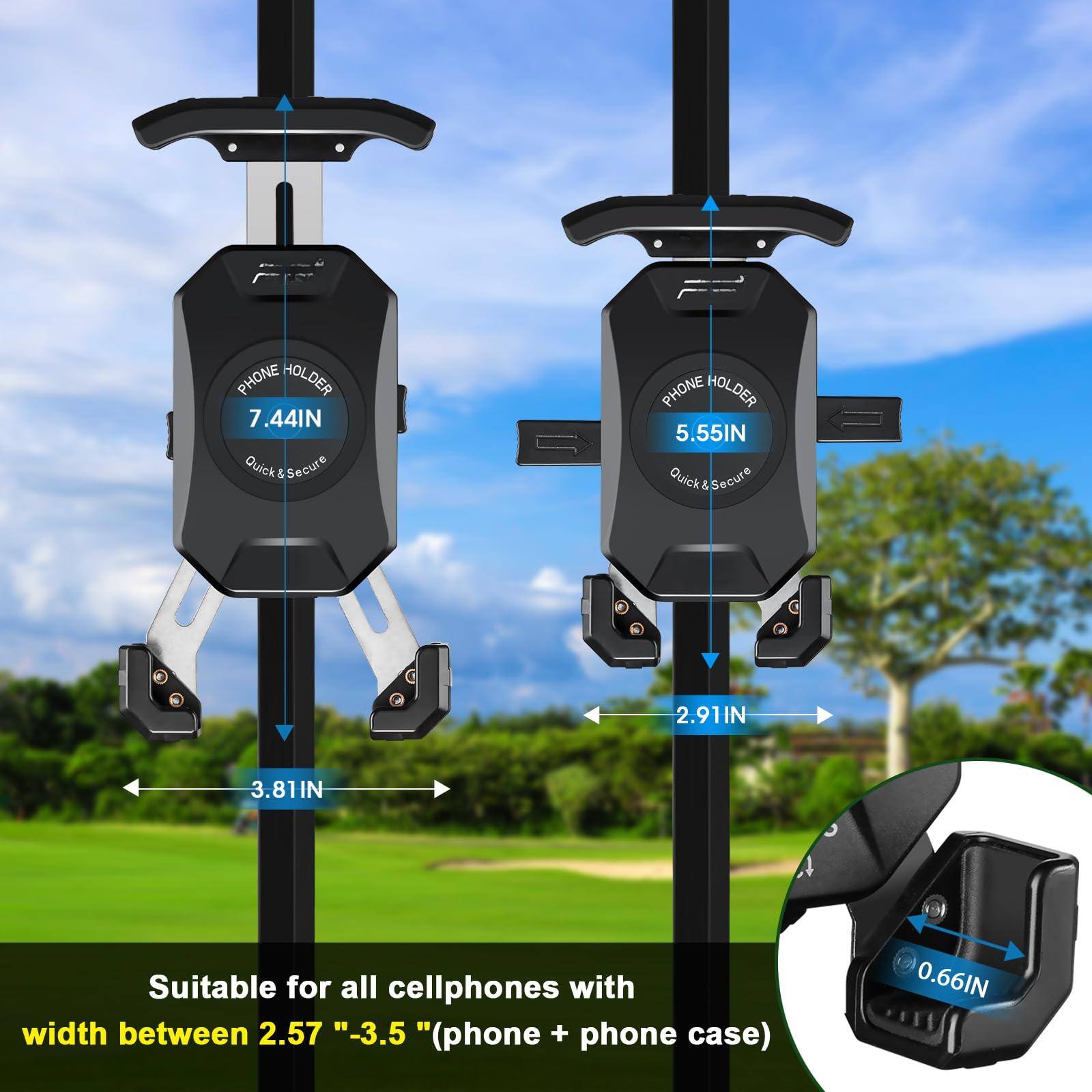 Sure, here is the corrected and grouped text from the image:

---

**PHONE HOLDER 7.44IN**  
Quick & Secure

**PHONE HOLDER 5.55IN**  
Quick & Secure

**3.81IN**  
**2.91IN**

Suitable for all cellphones with width between 2.57 "-3.5" (phone + phone case)

**0.66IN**

---