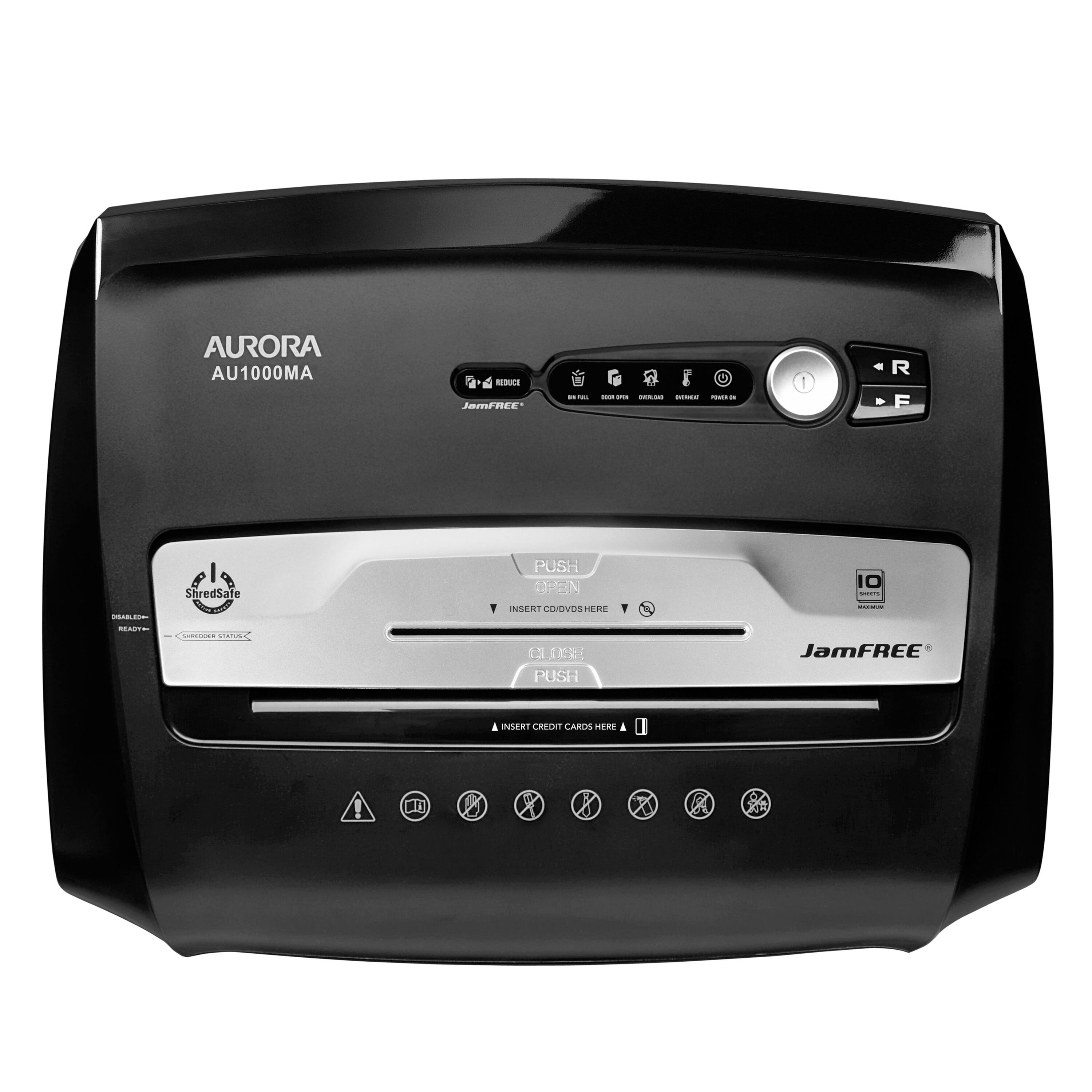 AURORA AU1000MA REMA JamFREE U -- - - - - - - 1 R F - ShredSafe PUSH HPEN IEn GOOVOSHERI O I AE COMMECCI : 13 N PUSH JamFREE INSERT CHI CAROS NR a ! an X