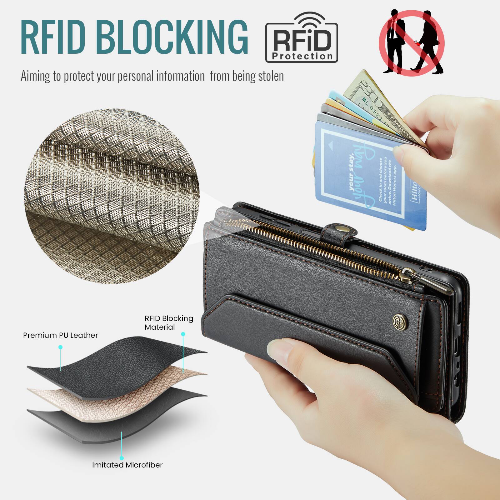 RFID BLOCKING  
Aiming to protect your personal information from being stolen  

RFiD Protection  

Premium PU Leather  
RFID Blocking Material  
Imitated Microfiber