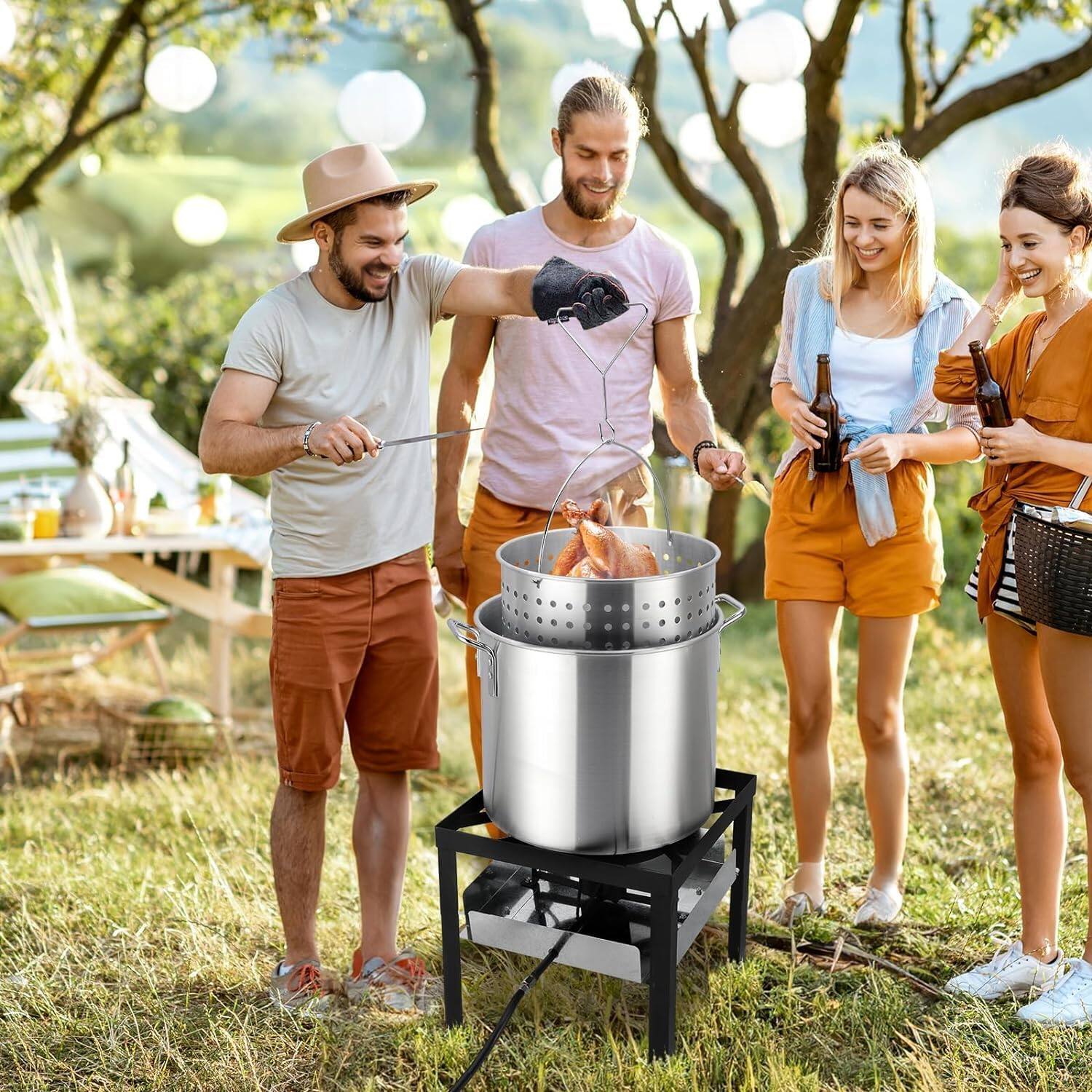 Alt View 6. Winado - 2PCS 60QT Turkey Fryer with Propane Stove Stand, Aluminum Deep Fryer, Basket, Lifting Hook for Outdoor Camping Cooking - Sliver.