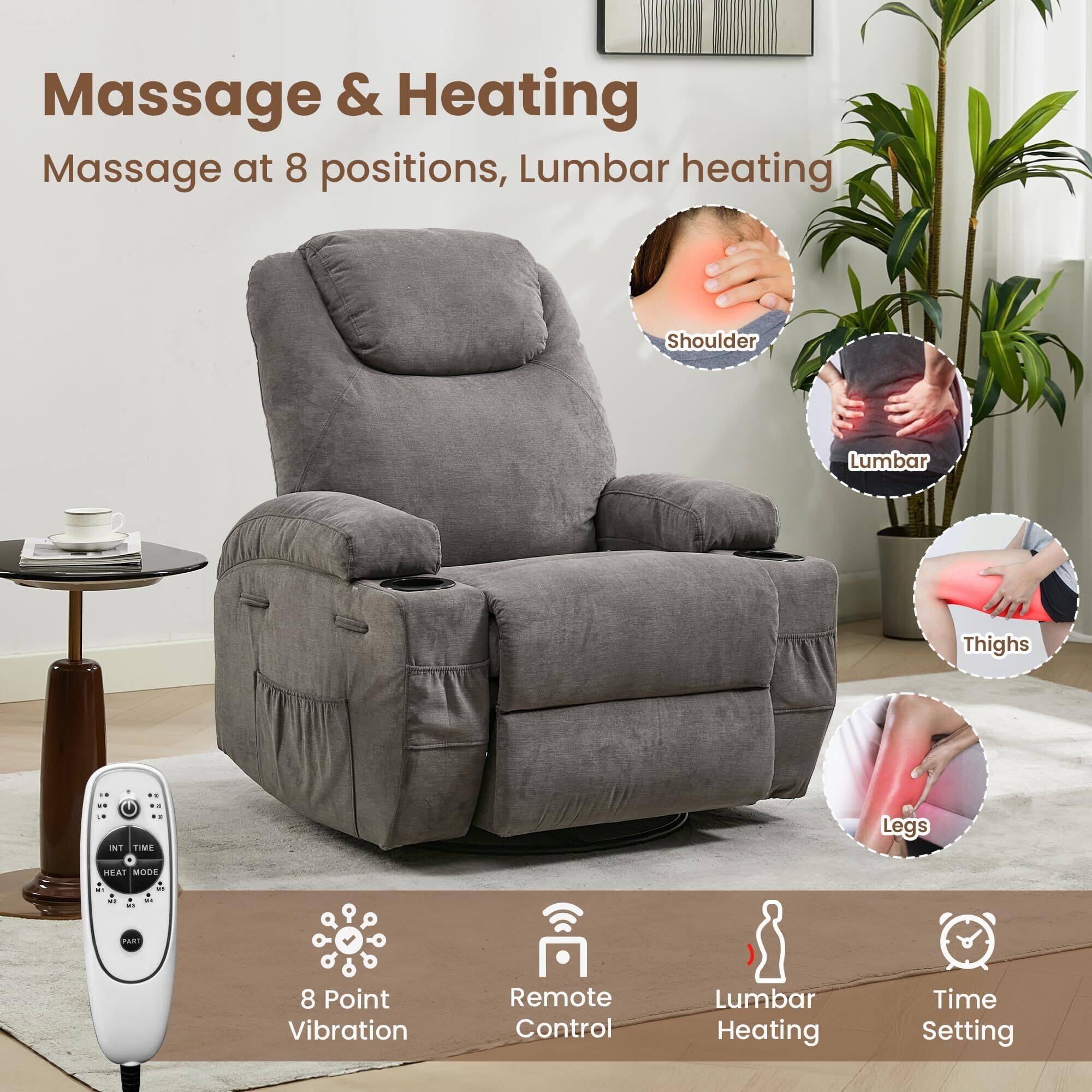 Massage & Heating  
Massage at 8 positions, Lumbar heating  

Shoulder  
Lumbar  
Thighs  
Legs  

8 Point Vibration  
Remote Control  
Lumbar Heating  
Time Setting
