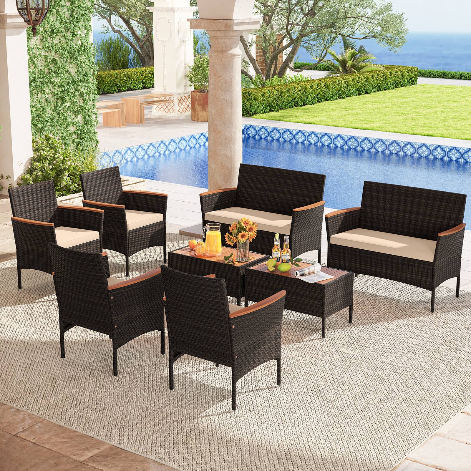 Alt View 3. Gymax - Gymax 8 Piece Outdoor Patio Rattan Furniture Set Rattan Conversation Set w/ Chairs & Loveseat - Mix Brown.