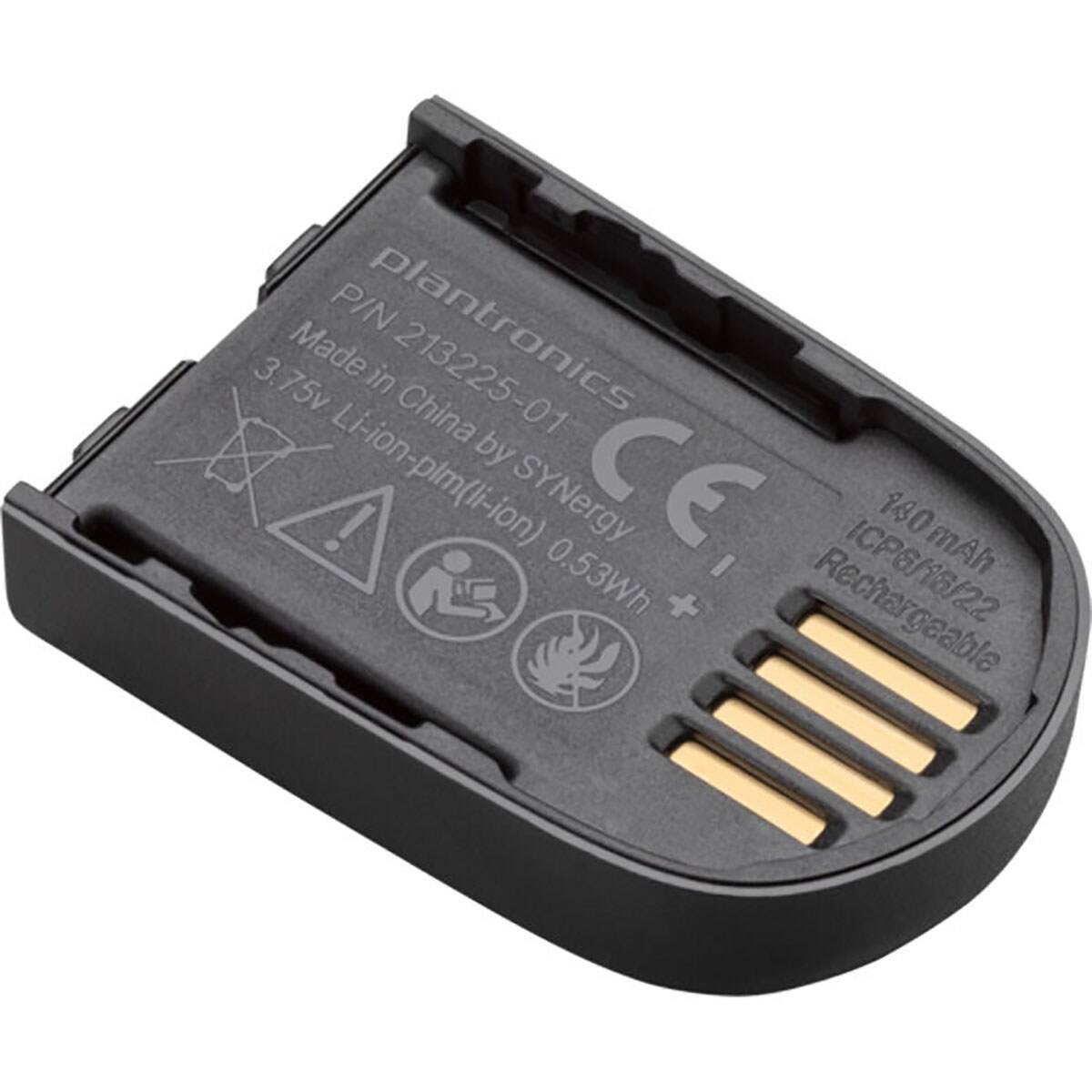 Plantronics  
P/N 213225-01  
Made in China by SYNERGY  
3.75v Li-ion-plm (Li-ion)  
0.53Wh  
180 mAh  
CE  
ICCP6/16/22