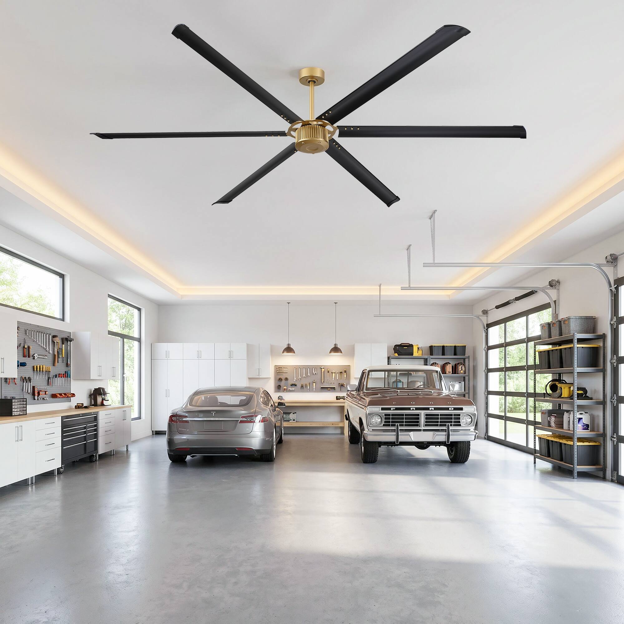 Left. Parrot Uncle - 96" Industrial 6 Aluminum Blades HVLS Ceiling Fan with Remote, No Light for Wareshop - Black.