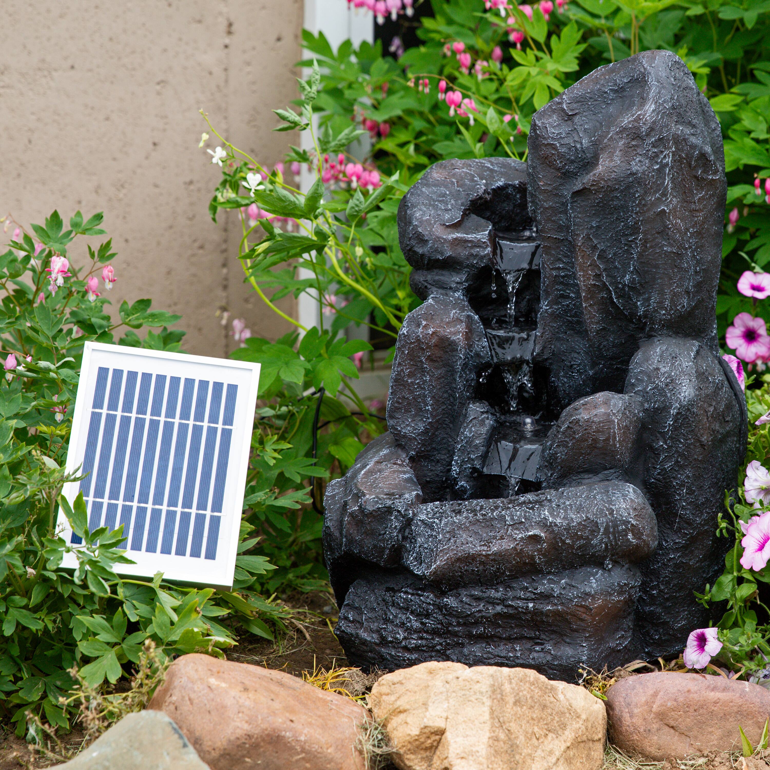 Alt View 4. Sunnydaze - Polyresin Rock Falls Solar Water Fountain with Battery - 22 in - Dark Brown.