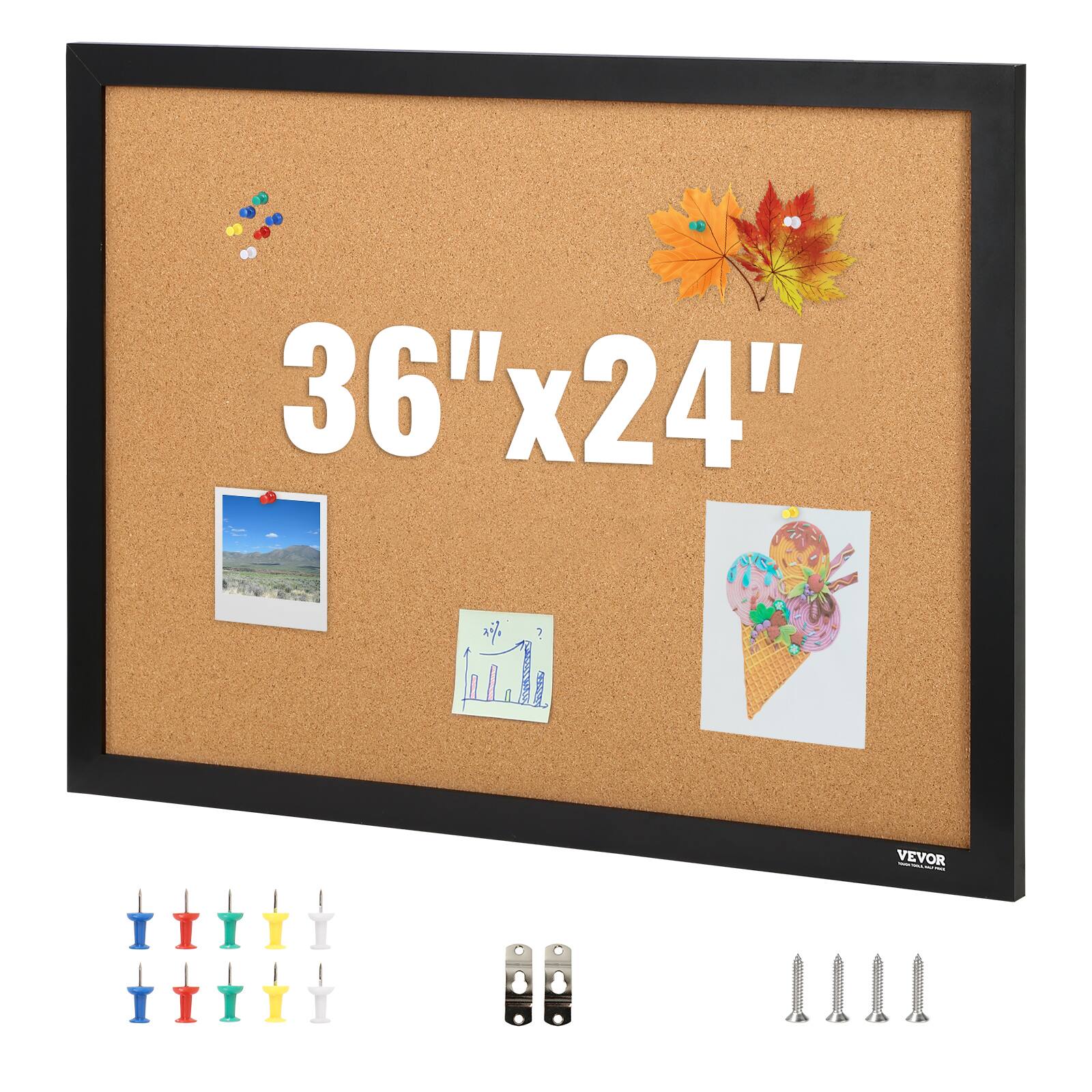 VEVOR - Cork Board, 36x24 inches Bulletin Board with MDF Sticker Frame, Vision Board Includes 10 Pushpins