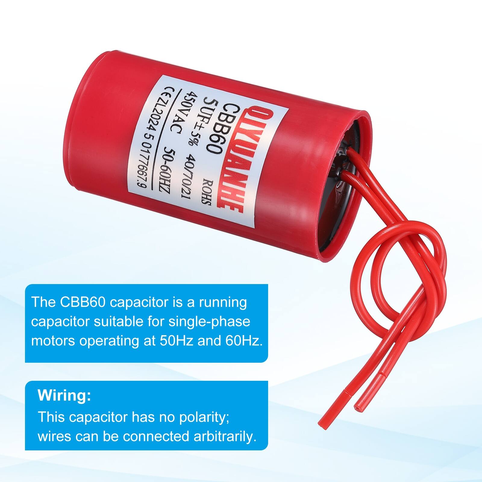 CEZL2024 450V 5 AC 5UF5% CBB60 0177667.9 50-60HZ 40/70/21 ROHS QIYUANHE

The CBB60 capacitor is a running capacitor suitable for single-phase motors operating at 50Hz and 60Hz.

Wiring: This capacitor has no polarity; wires can be connected arbitrarily.