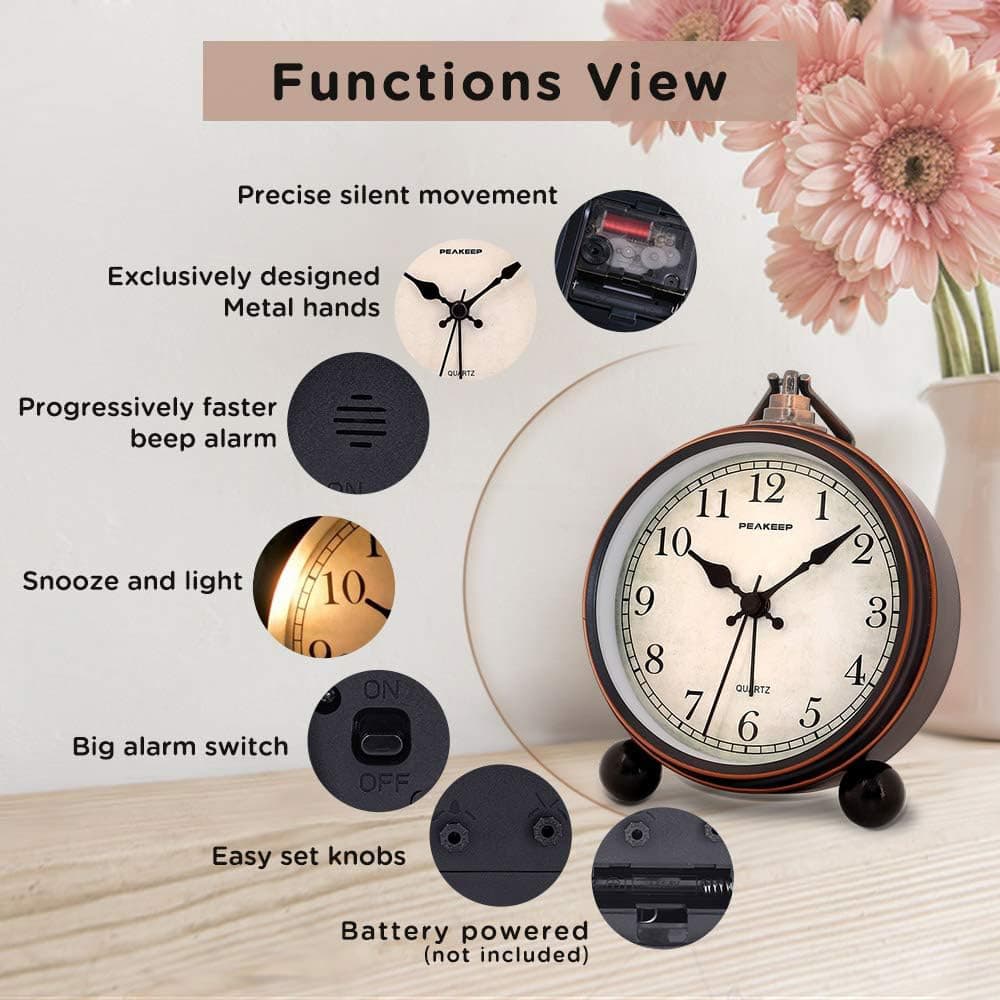 Functions View  
- Precise silent movement  
- Exclusively designed Metal hands  
- Progressively faster beep alarm  
- Snooze and light  
- Big alarm switch  
- Easy set knobs  
- Battery powered (not included)