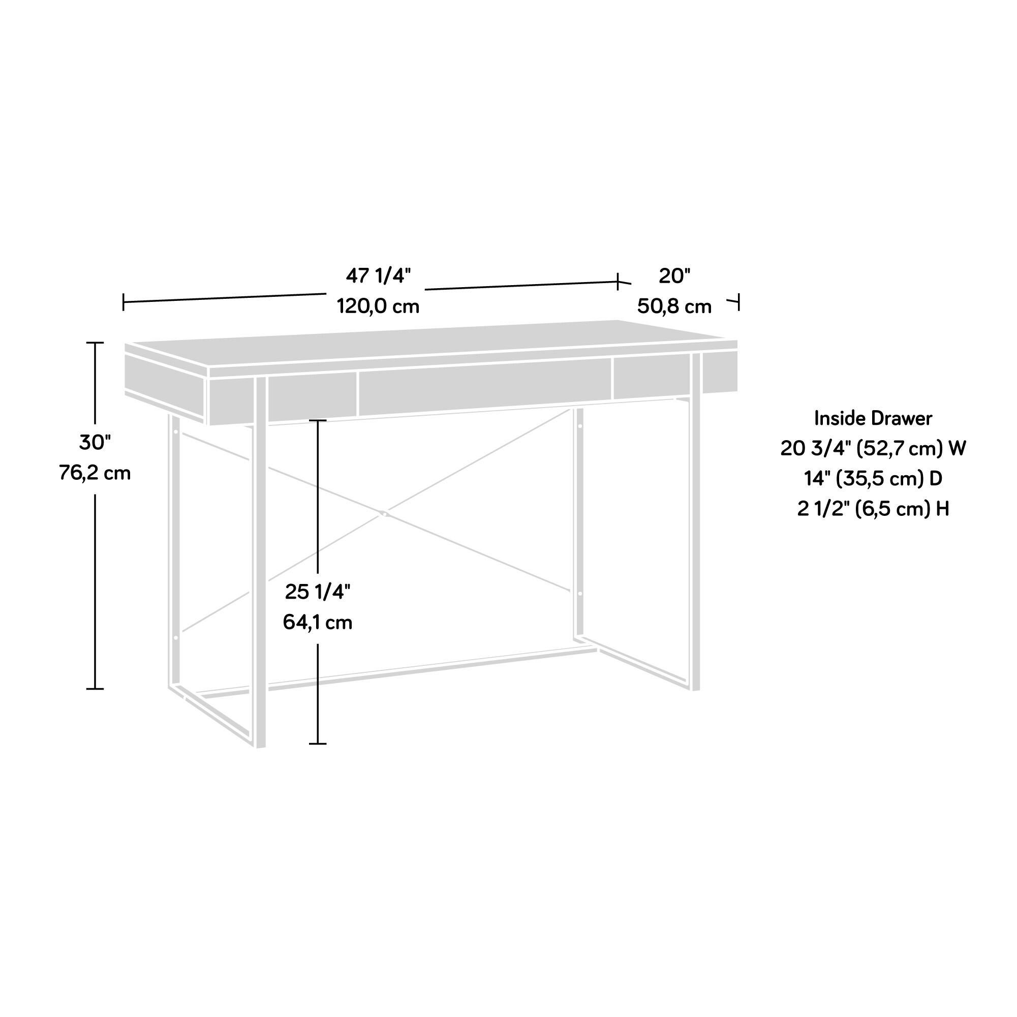 - 47 1/4" (120.0 cm)
- 20" (50.8 cm)
- T 30" (76.2 cm)
- Inside Drawer: 20 3/4" (52.7 cm) W, 14" (35.5 cm) D, 2 1/2" (6.5 cm) H
- 25 1/4" (64.1 cm)