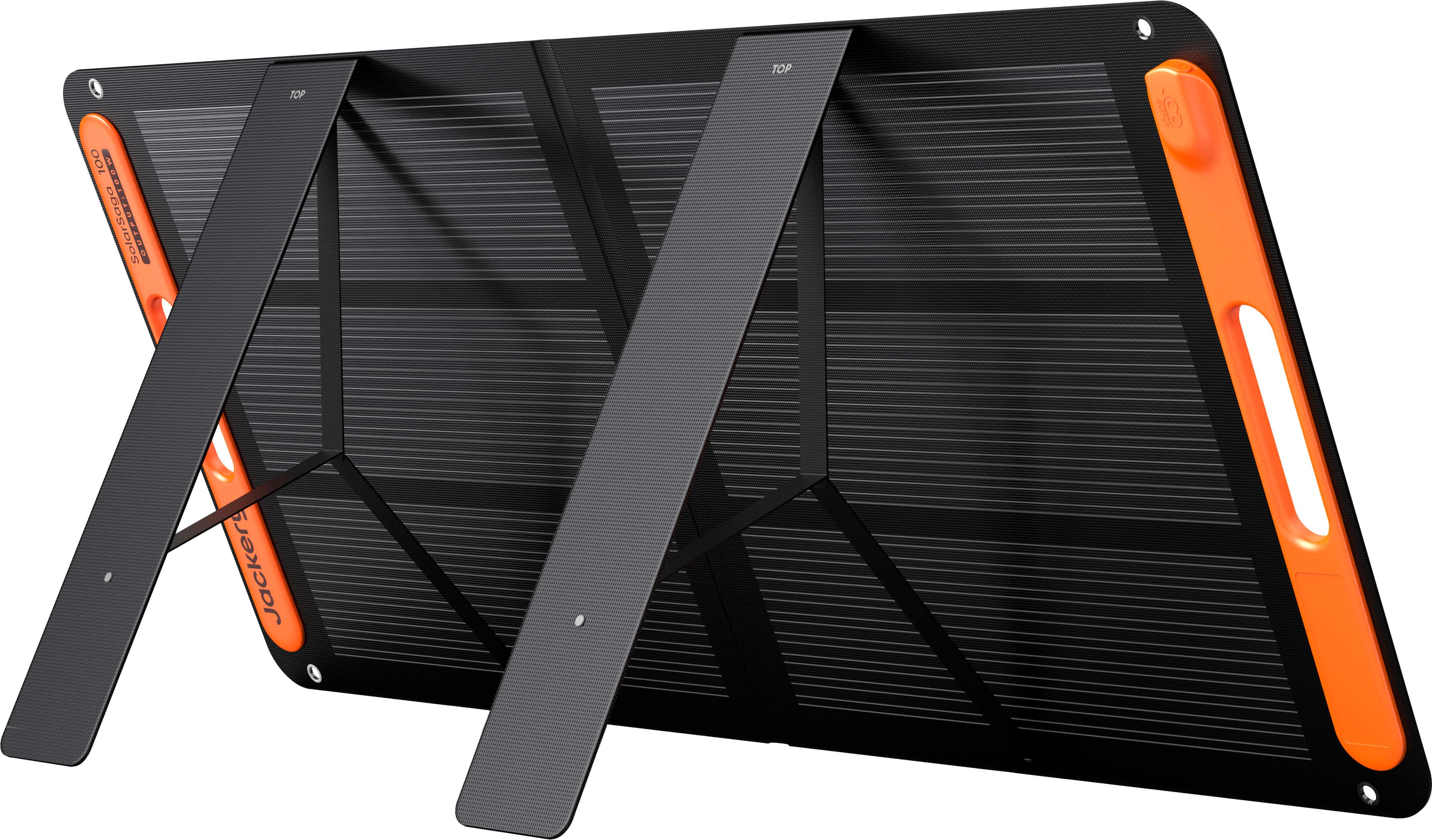 The text on the image reads "100 EAO SolarSaga TOP TOP 10 Jackers." This text is likely meant to describe the solar panel, which is designed to charge electronic devices such as smartphones. The SolarSaga is a portable solar panel that can be used outdoors to charge devices without the need for traditional power sources. The panel is designed to be lightweight and easy to carry, making it a convenient solution for charging devices while on the go.