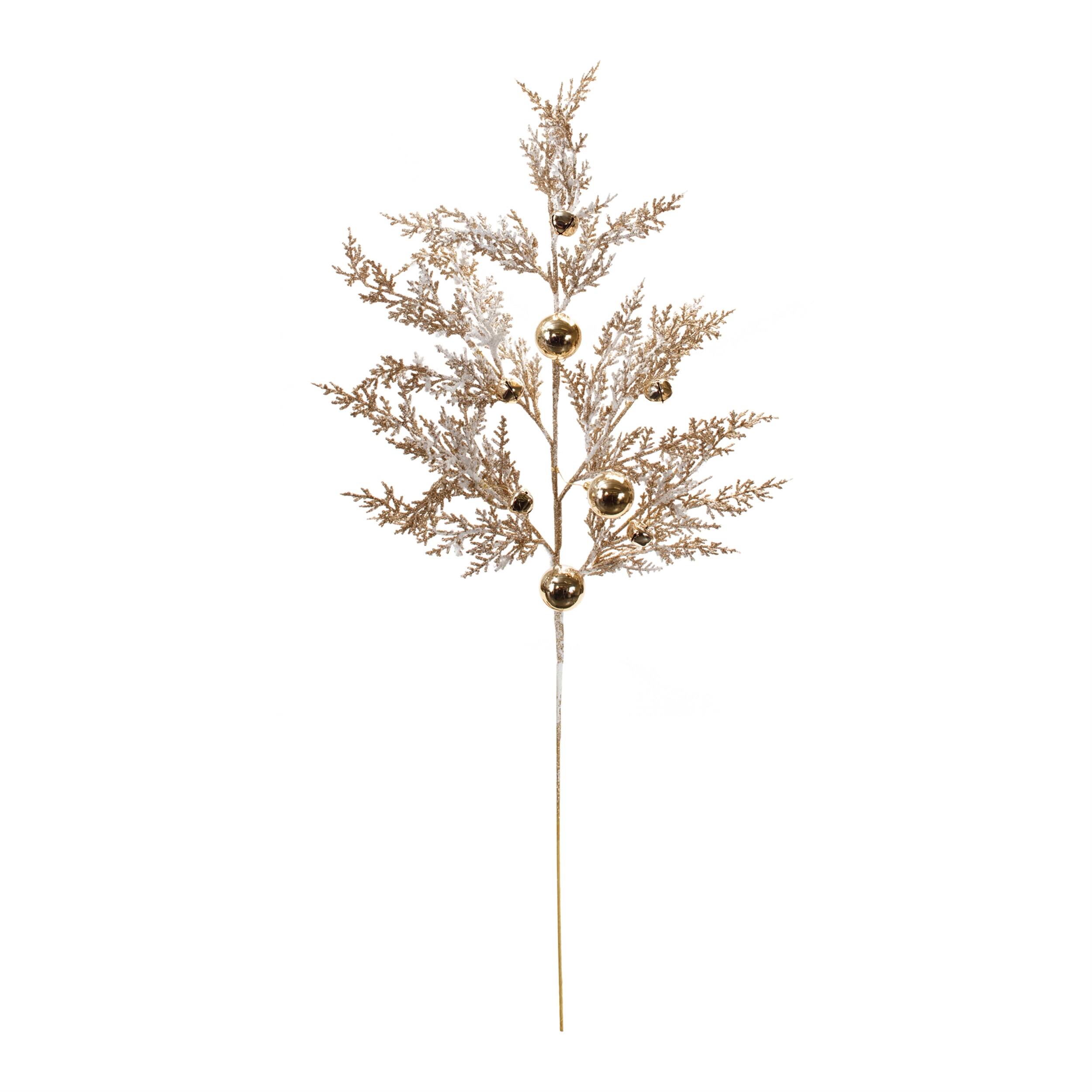 Angle. BreeBe - Flocked Sleigh Bell Pine Spray (Set of 2) - Gold, White.