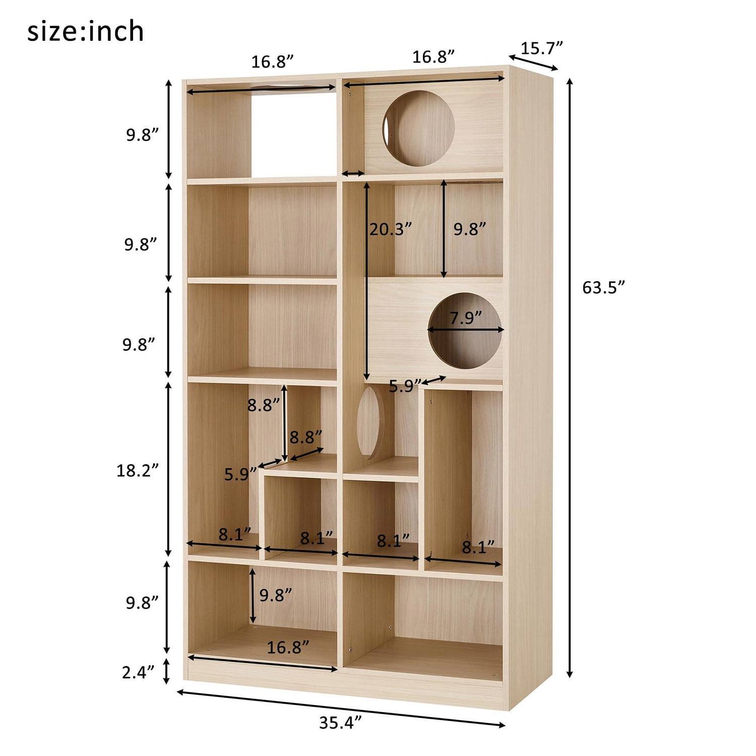 size: inch

- Width: 35.4"
- Height: 63.5"
- Depth: 16.8"

- Top shelf: 16.8" (width) x 9.8" (depth)
- Second shelf: 16.8" (width) x 9.8" (depth)
- Third shelf: 16.8" (width) x 9.8" (depth)
- Fourth shelf: 16.8" (width) x 9.8" (depth)
- Bottom shelf: 16.8" (width) x 9.8" (depth)

- Left side:
  - Height: 18.2"
  - Depth: 2.4"

- Right side:
  - Height: 15.7"
  - Depth: 2.4"

- Middle section:
  - Height: 20.3"
  - Depth: 9.8"
  - Circular cutout: 7.9" diameter
  - Circular cutout: 5.9" diameter

- Middle shelf:
  - Width: 8.8"
  - Depth: 8.
