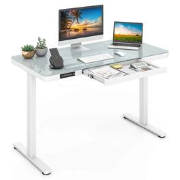 Costway - 48" x 24" Whole-Piece Glass Standing Desk w/Drawers Writable Tempered Glass Top - White
