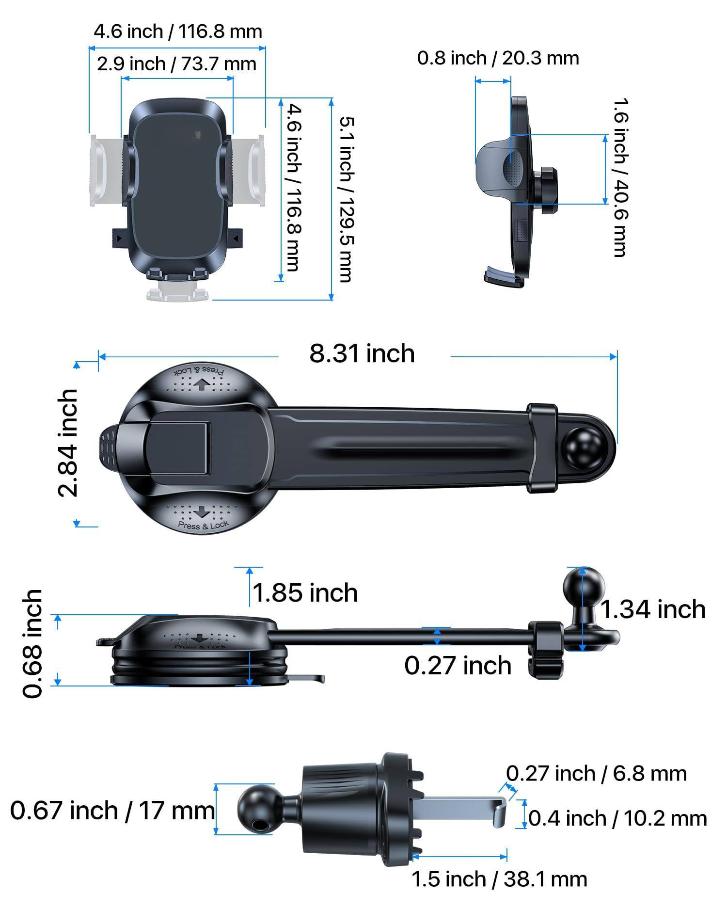 Sure, here is the corrected and grouped text from the image:

- **4.6 inch / 116.8 mm**
- **2.9 inch / 73.7 mm**
- **5.1 inch / 129.5 mm**
- **0.8 inch / 20.3 mm**
- **1.6 inch / 40.6 mm**
- **8.31 inch**
- **2.84 inch**
- **1.85 inch**
- **0.68 inch**
- **0.27 inch**
- **1.34 inch**
- **0.67 inch / 17 mm**
- **0.27 inch / 6.8 mm**
- **0.4 inch / 10.2 mm**
- **1.5 inch / 38.1 mm**