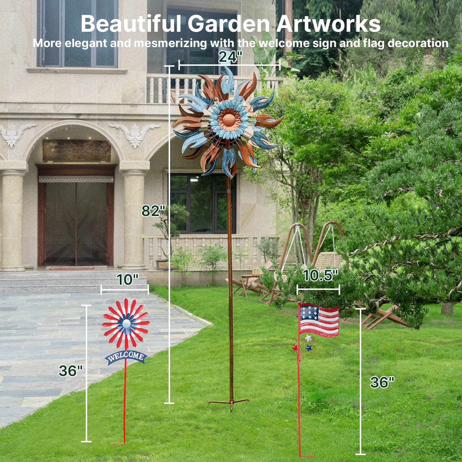 Beautiful Garden Artworks  
More elegant and mesmerizing with the welcome sign and flag decoration  

- 24"  
- 82"  
- 10"  
- 10.5"  
- 36"  
- 36"  

WELCOME
