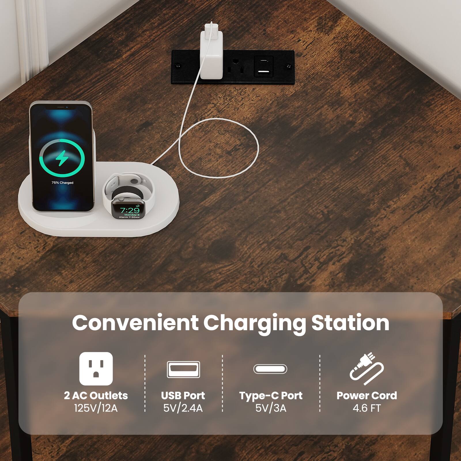 25% Charged at 7:29

Convenient Charging Station

- 2 AC Outlets: 125V/12A
- USB Port: 5V/2.4A
- Type-C Port: 5V/3A
- Power Cord: 4.6 FT