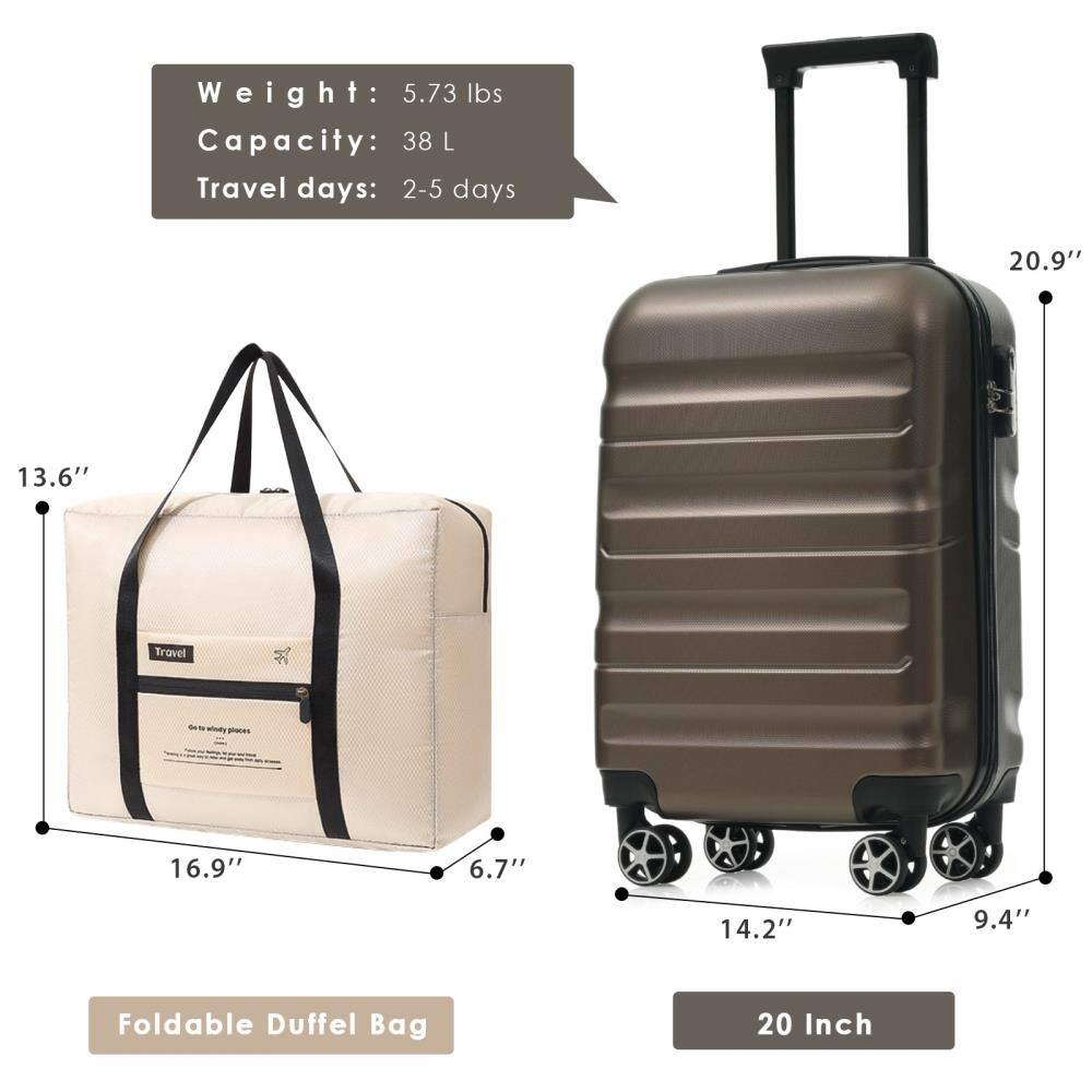 Weight: 5.73 lbs  
Capacity: 38 L  
Travel days: 2-5 days  

Foldable Duffel Bag  
Dimensions: 16.9" x 13.6" x 6.7"  

20 Inch  
Dimensions: 20.9" x 14.2" x 9.4"