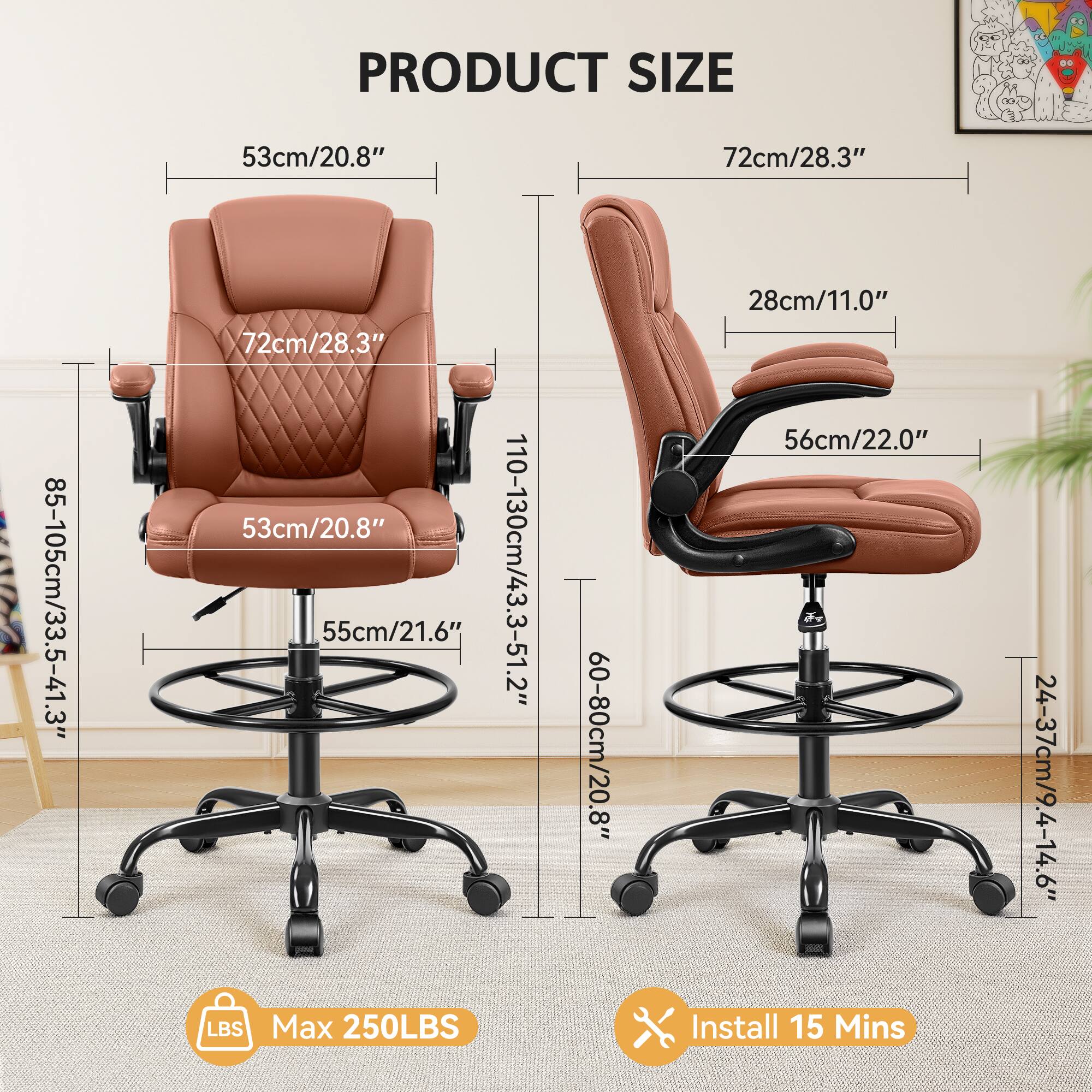 PRODUCT SIZE

- 53cm/20.8"
- 72cm/28.3"
- 85-105cm/33.5-41.3"
- 53cm/20.8"
- 55cm/21.6"
- 110-130cm/43.3-51.2"
- 28cm/11.0"
- 56cm/22.0"
- 60-80cm/20.8"
- 24-37cm/9.4-14.6"

Max 250LBS

Install 15 Mins