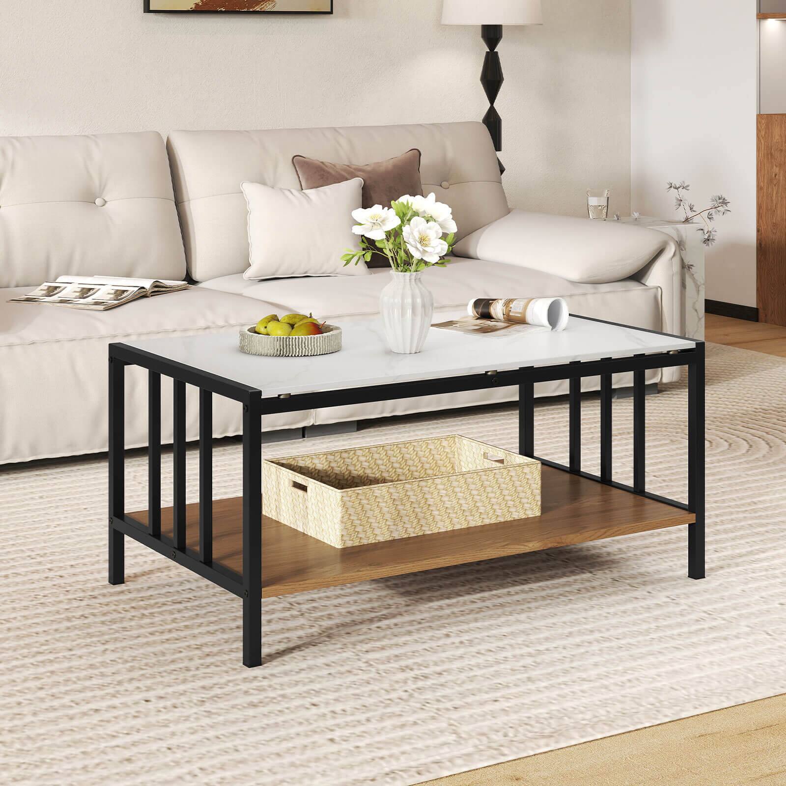 Alt View 1. Costway - Costway 2-Tier Rectangular Coffee Table with Rock Slab Tabletop Open Shelf for Living Room - White.