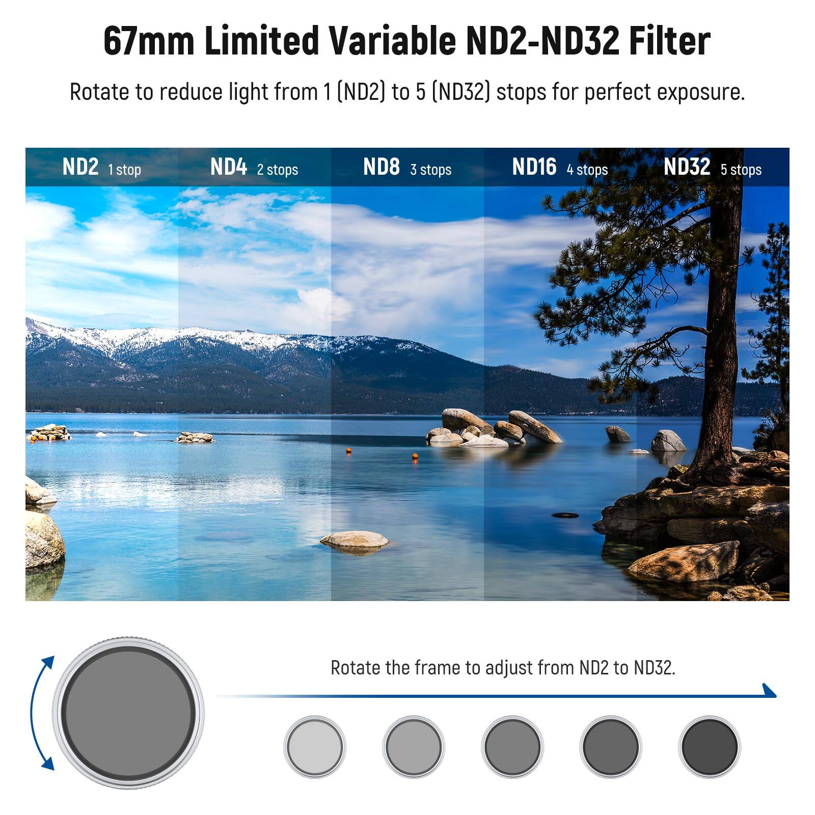 67mm Limited Variable ND2-ND32 Filter

Rotate to reduce light from 1 (ND2) to 5 (ND32) stops for perfect exposure.

ND2 1 stop  
ND4 2 stops  
ND8 3 stops  
ND16 4 stops  
ND32 5 stops

Rotate the frame to adjust from ND2 to ND32.