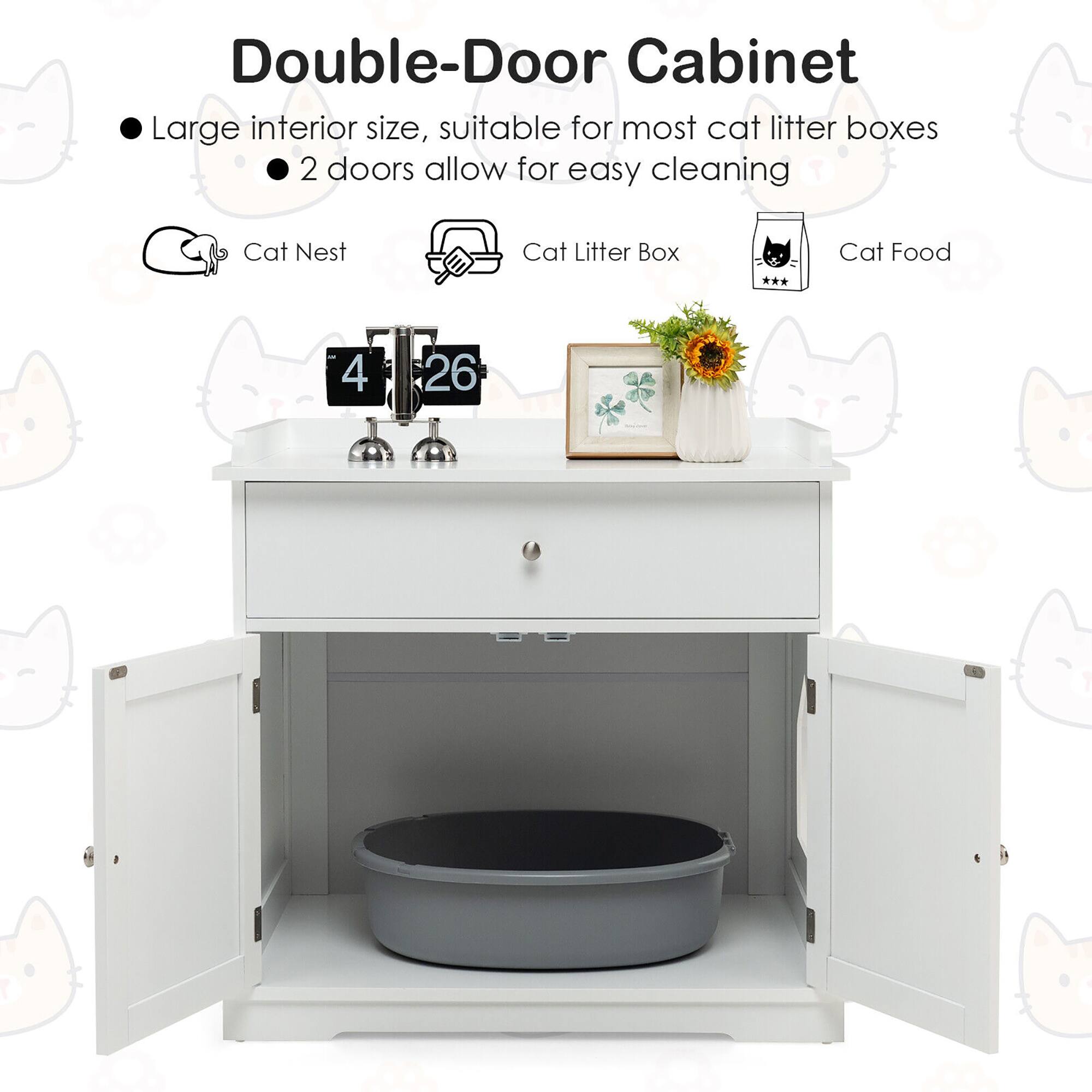 Double-Door Cabinet

- Large interior size, suitable for most cat litter boxes
- 2 doors allow for easy cleaning

Cat Nest
Cat Litter Box
Cat Food

4 26
