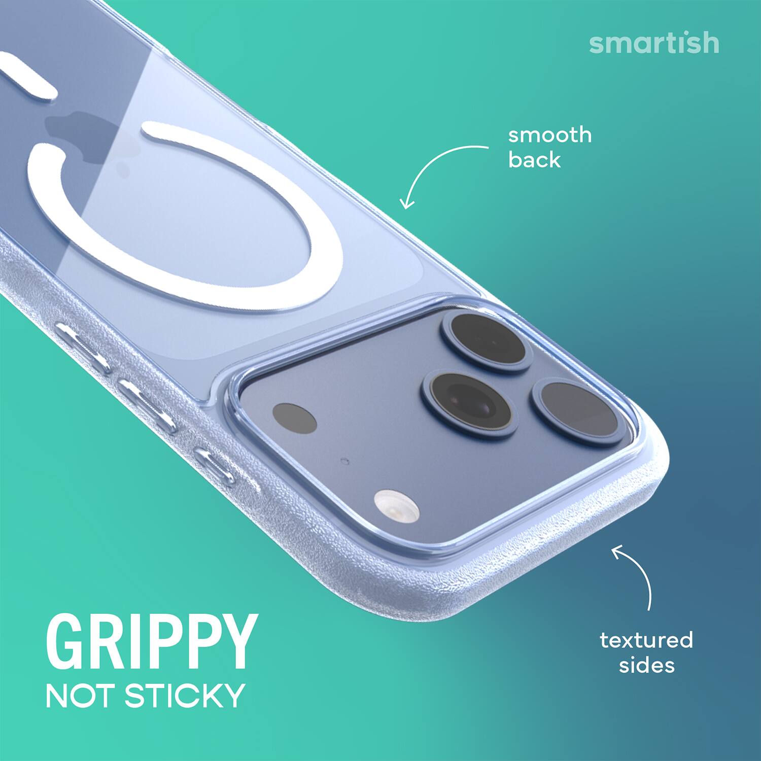 smartish  
smooth back  
GRIPPY NOT STICKY  
textured sides