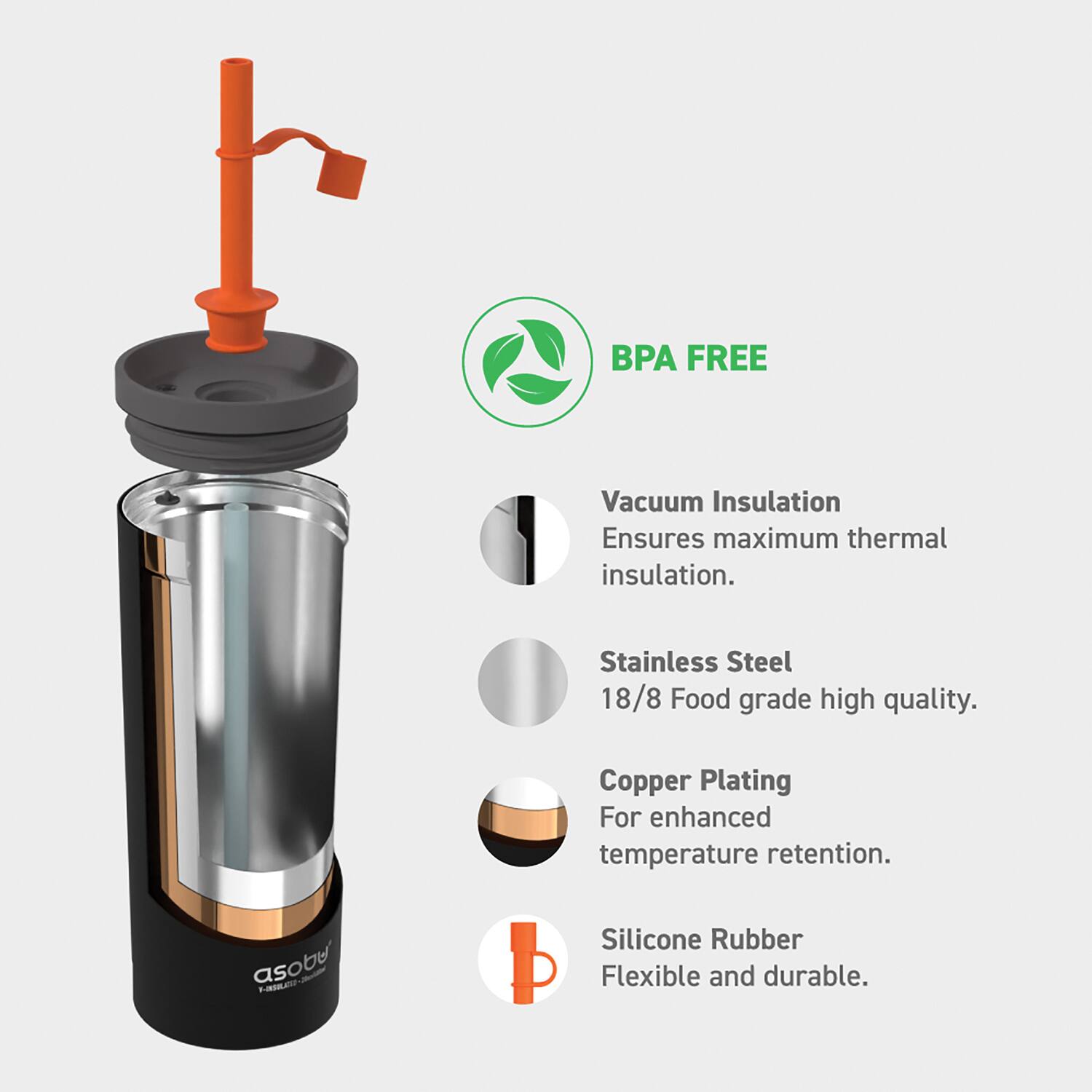 BPA FREE  
Vacuum Insulation Ensures maximum thermal insulation.  
Stainless Steel 18/8 Food grade high quality.  
Copper Plating For enhanced temperature retention.  
Silicone Rubber Flexible and durable.
