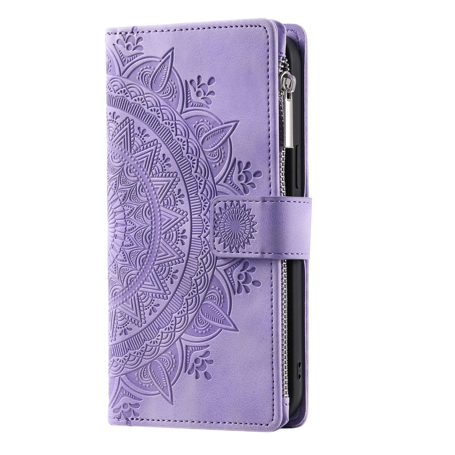 Alt View 1. Dteck - Wallet Case for Samsung Galaxy A57 Zipper Pocket Flowers PU Leather Flip Stand Cover With Crossbody Strap - Purple.