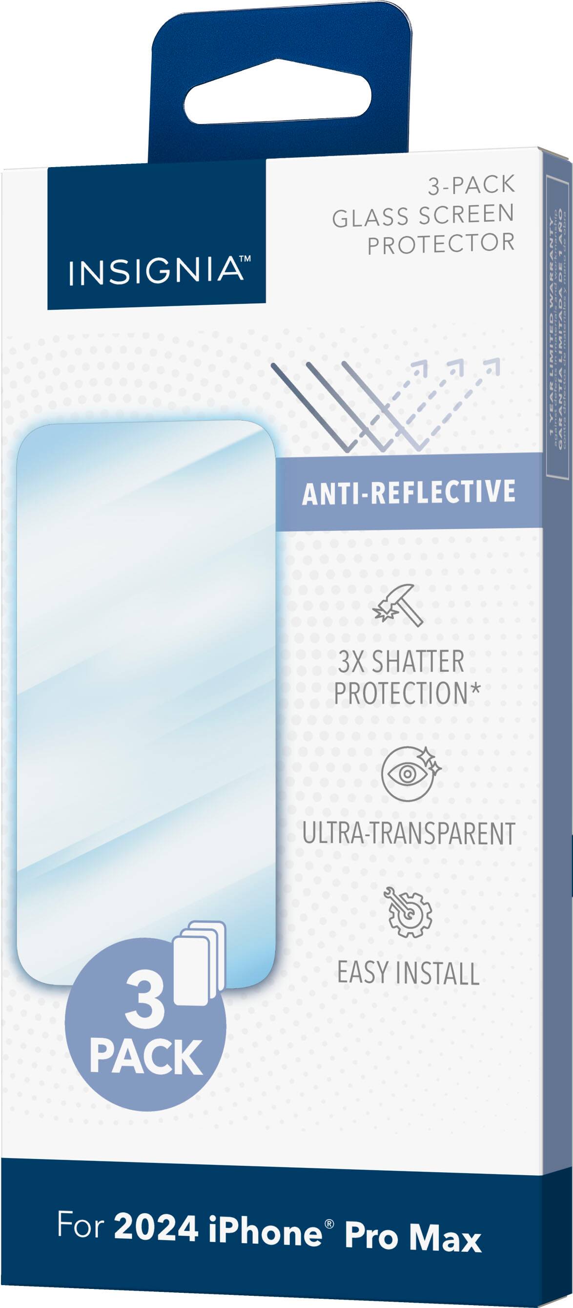 The text on the image reads: "3-PACK GLASS SCREEN PROTECTOR dV INSIGNIA TM ANTI-REFLECTIVE 3X SHATTER PROTECTION* ULTRA-TRANSPARENT 3 PACK EASY INSTALL For 2024 iPhone Pro Max."