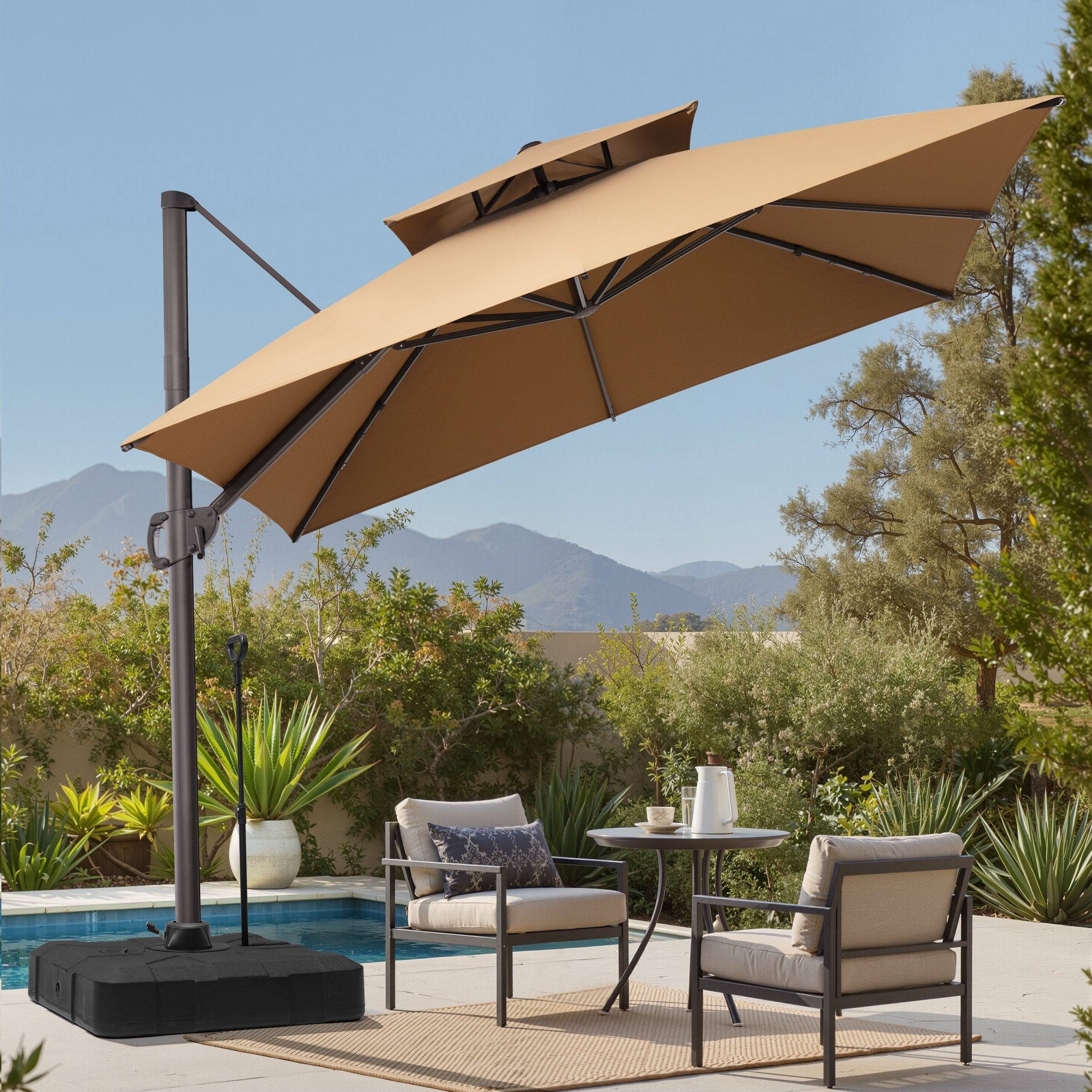 Left. Crestlive Products - Crestlive Products 10x10ft Aluminum Double Top Crank Cantilever Patio Umbrella with Base - Brown.