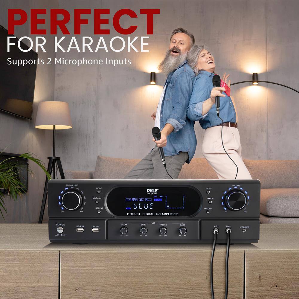 PERFECT FOR KARAOKE  
Supports 2 Microphone Inputs  

PYLE  
PT90UBT DIGITAL HI-FI AMPLIFIER