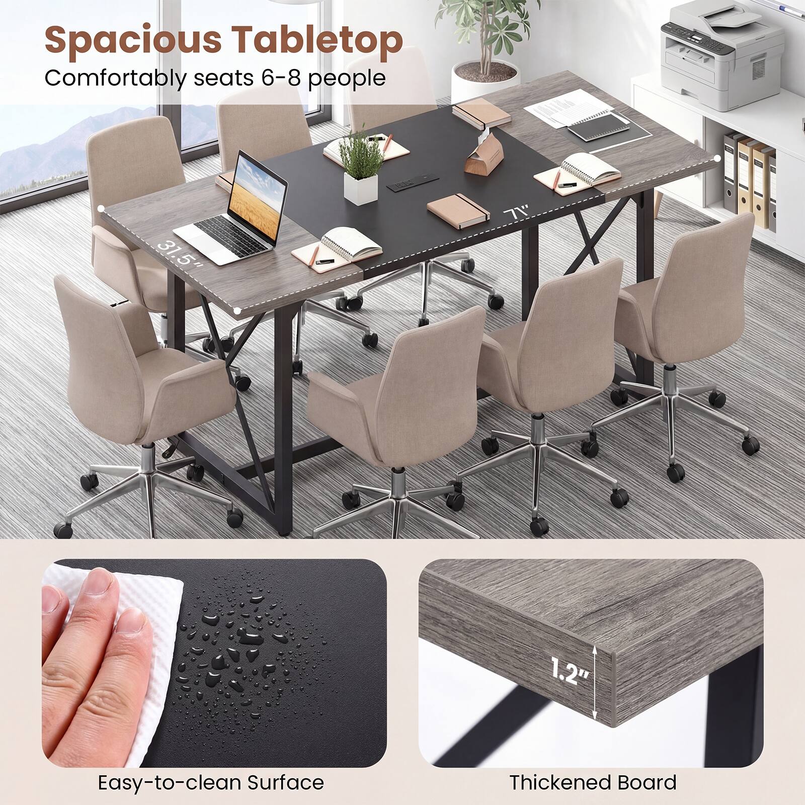 Spacious Tabletop  
Comfortably seats 6-8 people  

31.5" x 31"  

Easy-to-clean Surface  

Thickened Board