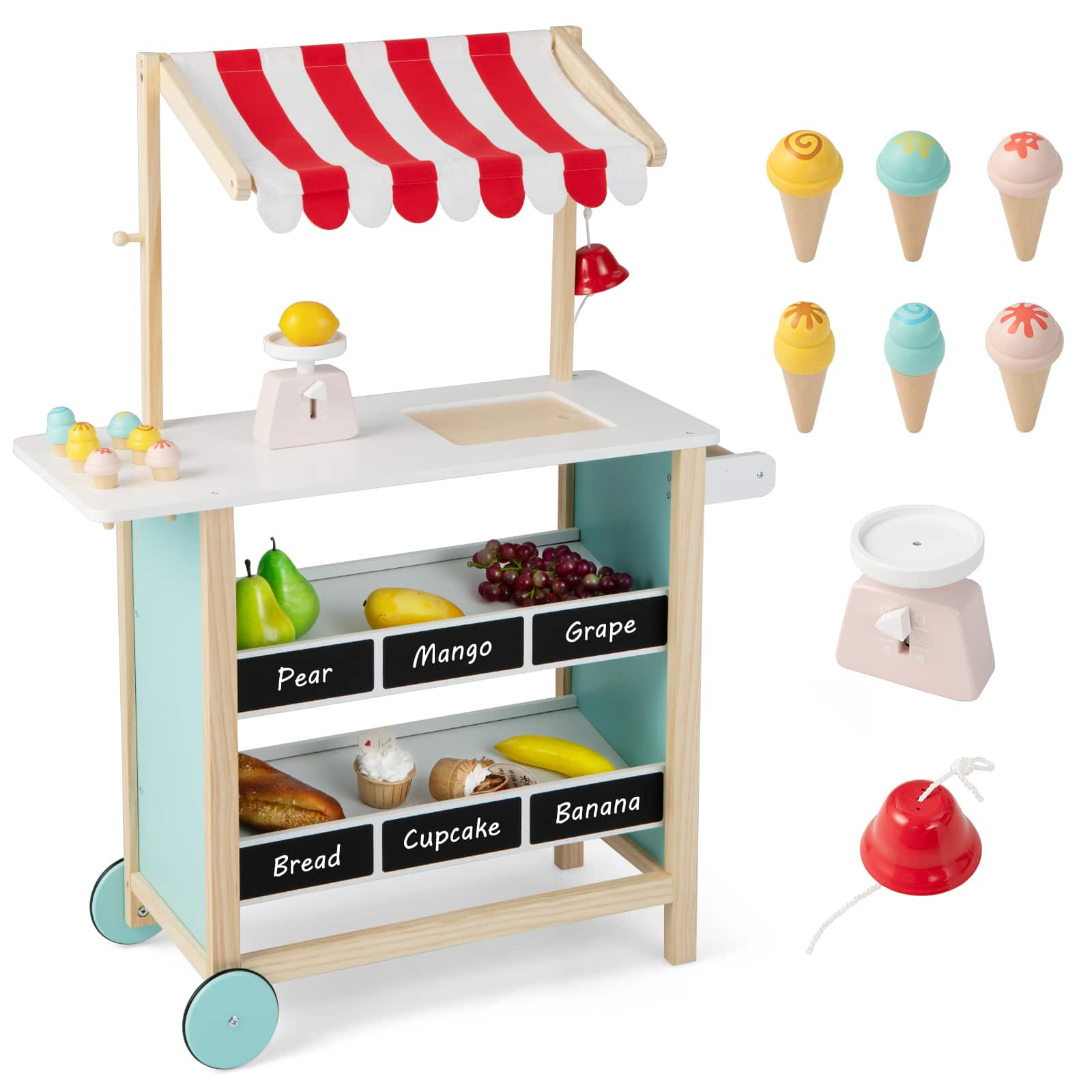 Costway - Kids Ice Cream Cart Wooden Toddler Farmers Market Stand W/ Chalkboard & Storage - White/Green