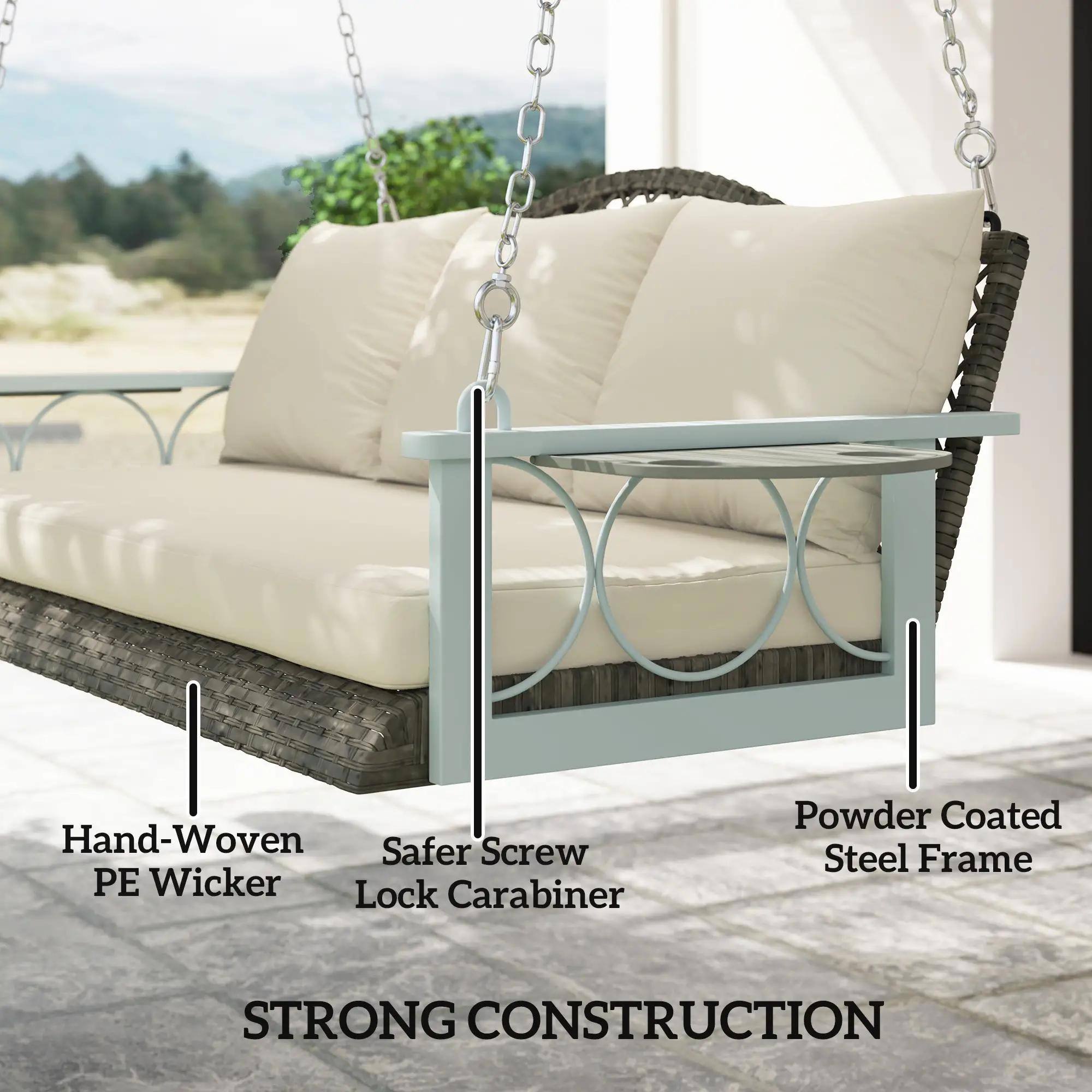 Hand-Woven PE Wicker, Safer Screw Lock Carabiner, Powder Coated Steel Frame, Strong Construction