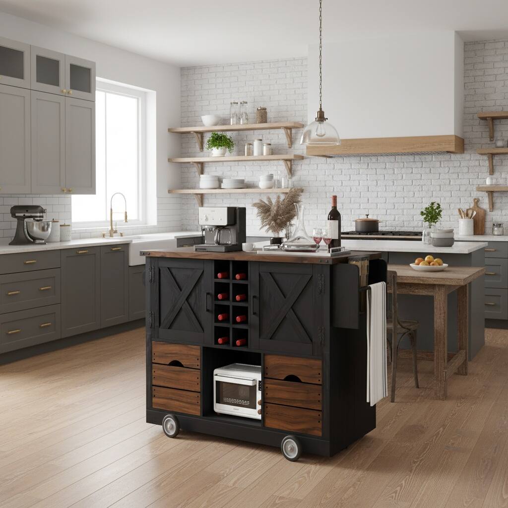 Left. Forest'nSky - Kitchen Island on 4 Large Wheels, 54" Farmhouse Style with Drop Leaf, Power Outlet, 2 Doors, Black - Black.