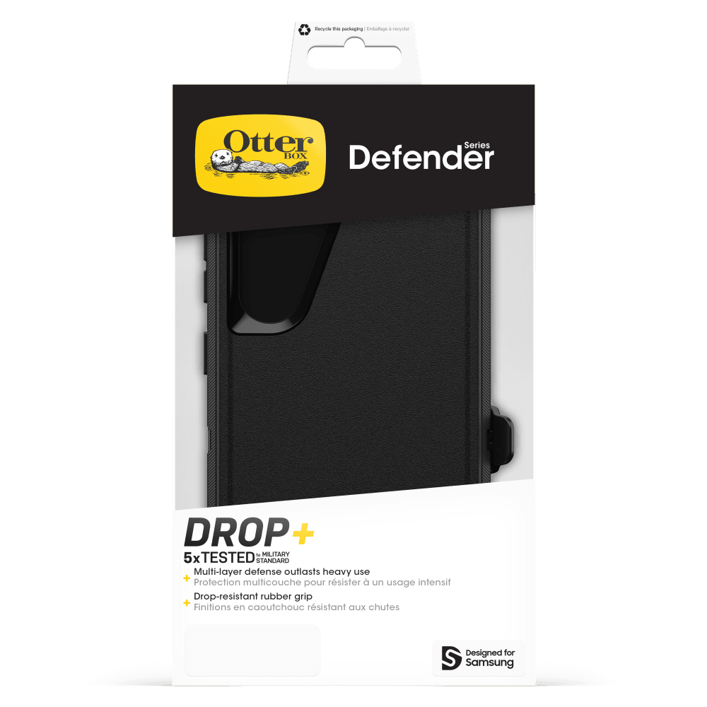 Recycle this packaging  
Emballage à recycler

Otter Series BOX Defender

DROP +  
5x TESTED IN MILITARY STANDARD  
Multi-layer defense outlasts heavy use  
Protection multicouche pour résister à un usage intensif  
Drop-resistant rubber grip  
Finitions en caoutchouc résistant aux chutes

Designed for Samsung