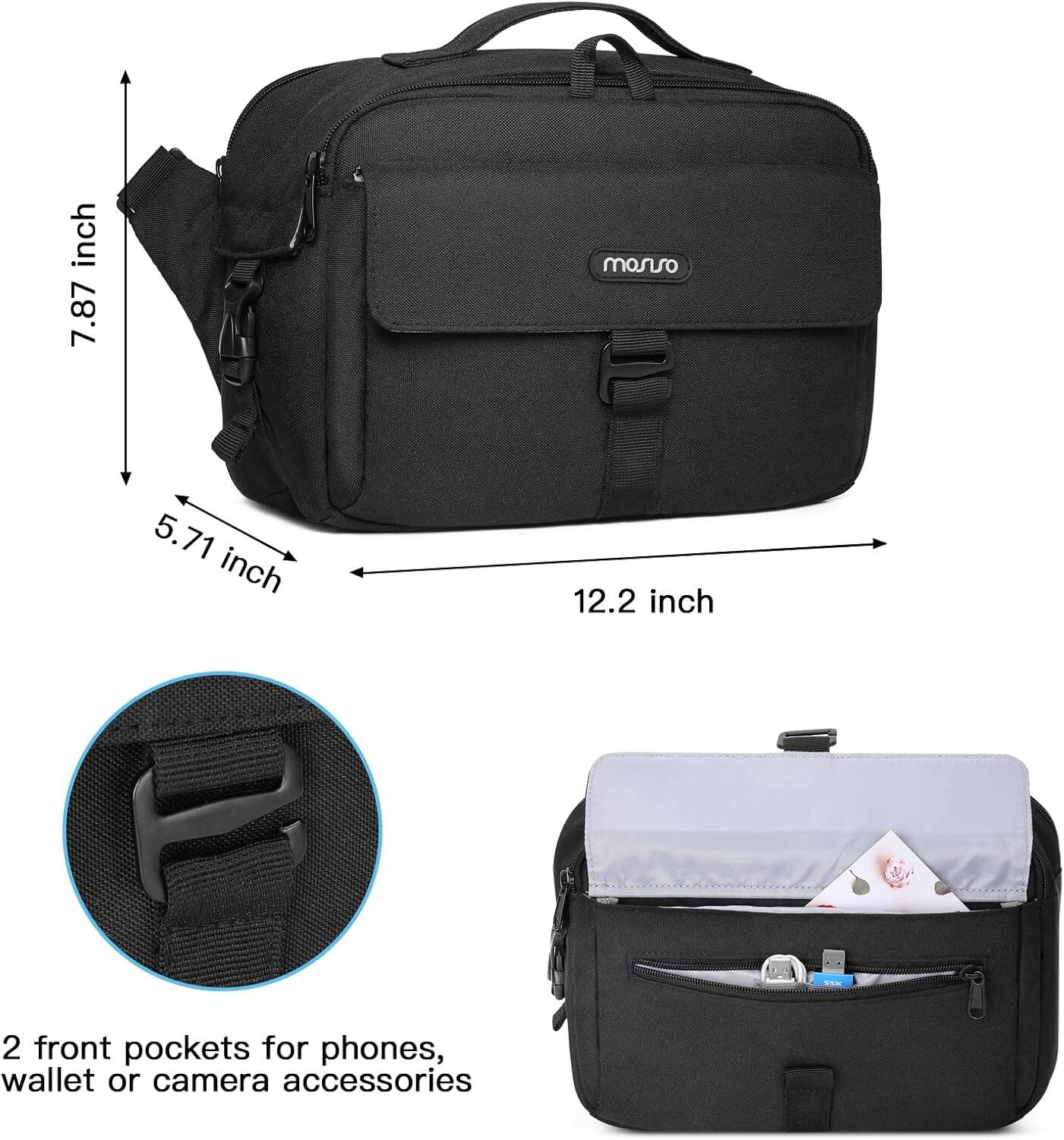 7.87 inch, 5.71 inch, 12.2 inch, 2 front pockets for phones, wallet or camera accessories
