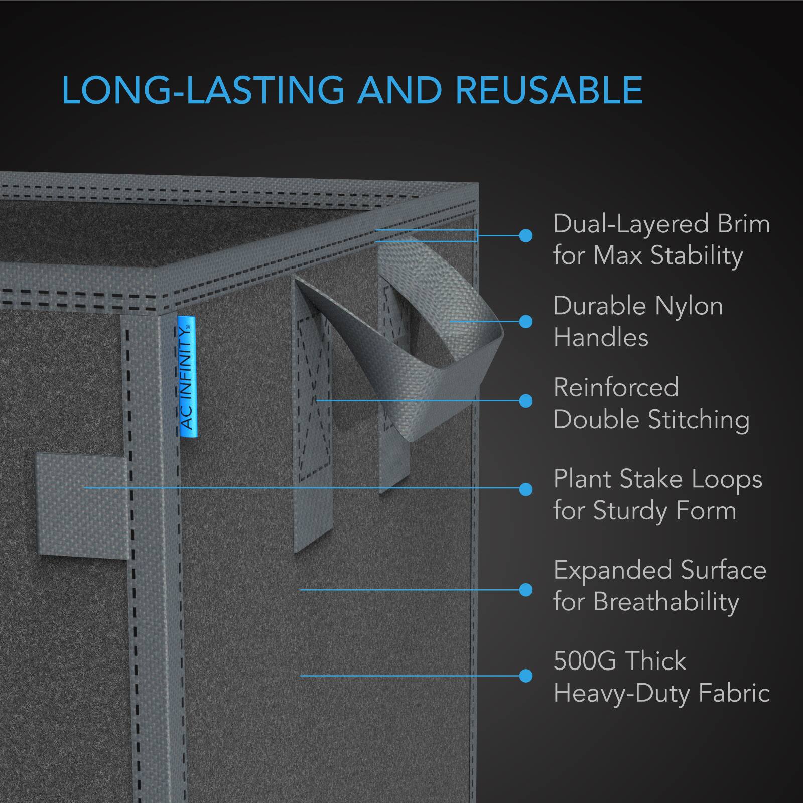 LONG-LASTING AND REUSABLE

INFINITY AC

- Dual-Layered Brim for Max Stability
- Durable Nylon Handles
- Reinforced Double Stitching
- Plant Stake Loops for Sturdy Form
- Expanded Surface for Breathability
- 500G Thick Heavy-Duty Fabric